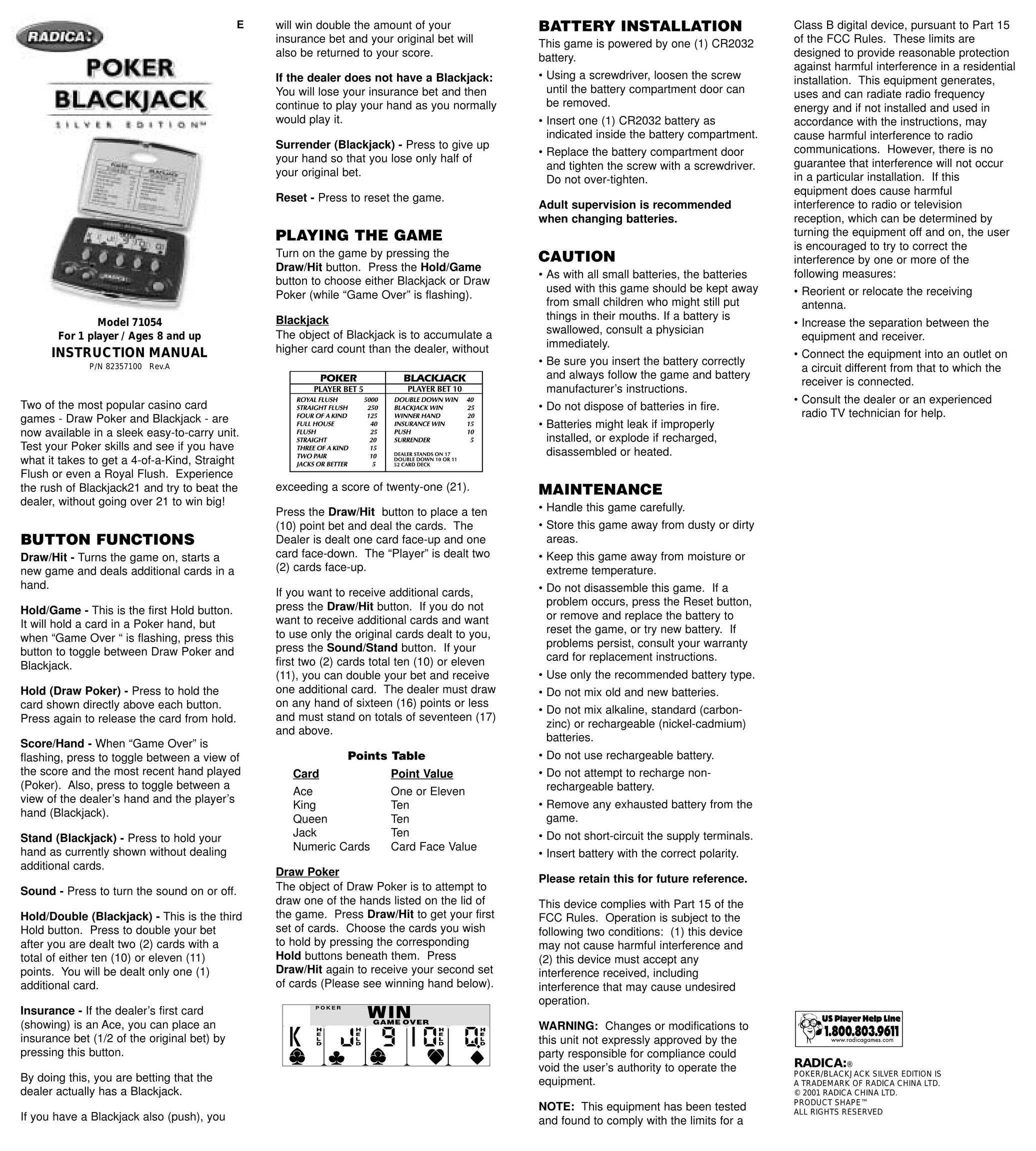 Radica Games 71054 Card Game User Manual