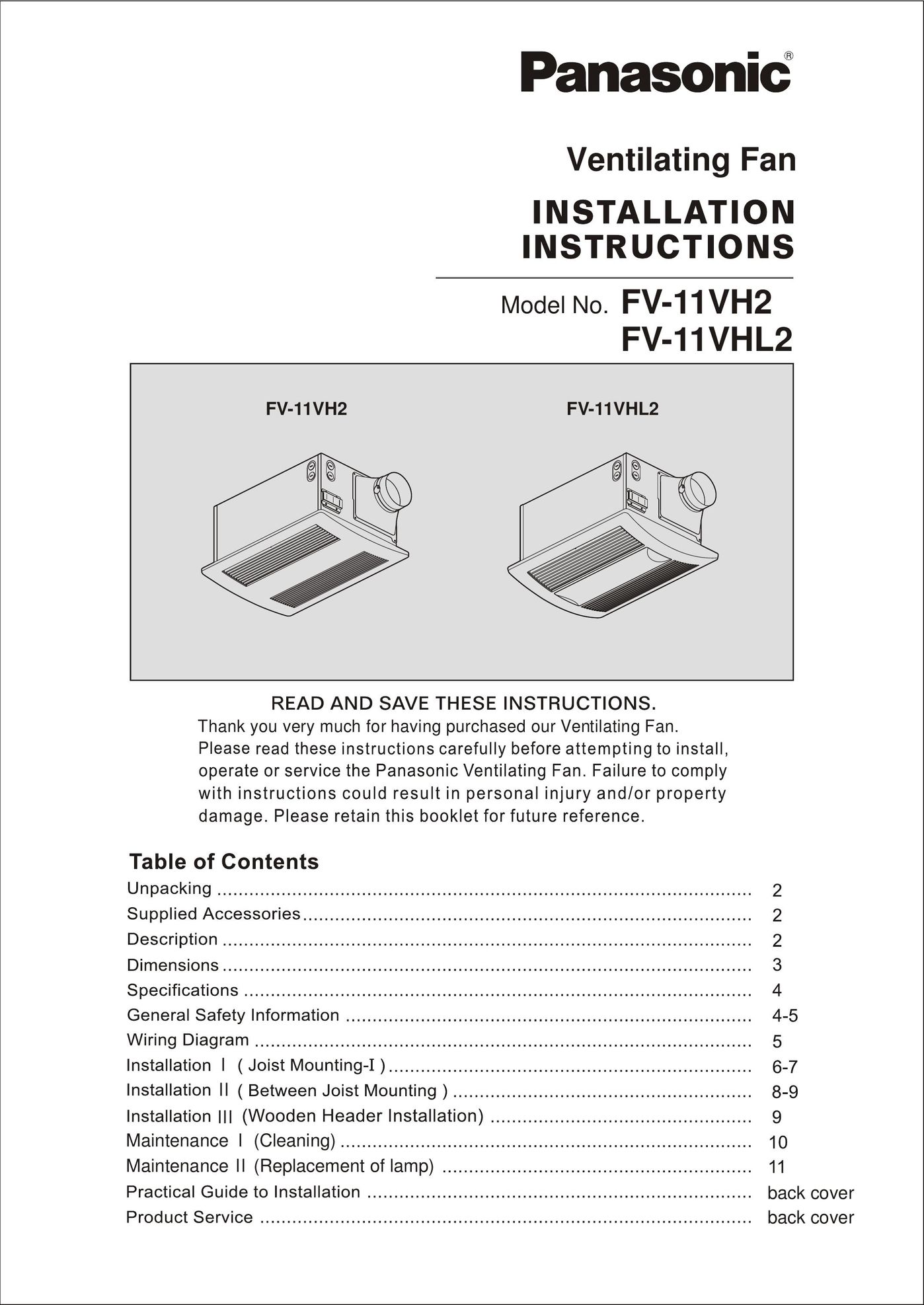 Panasonic FV-11VHL2 Dollhouse User Manual