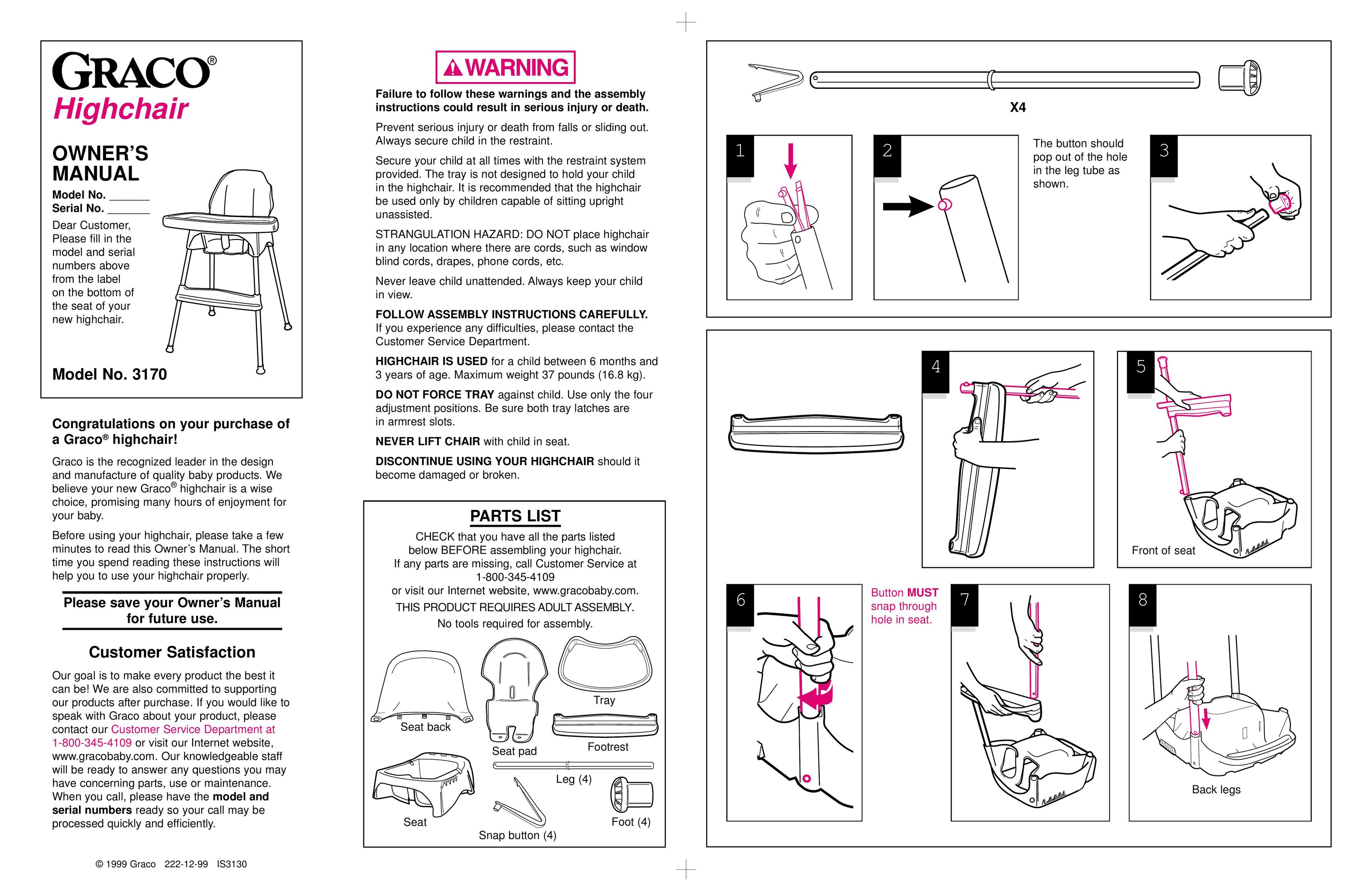 Graco 3170 High Chair User Manual