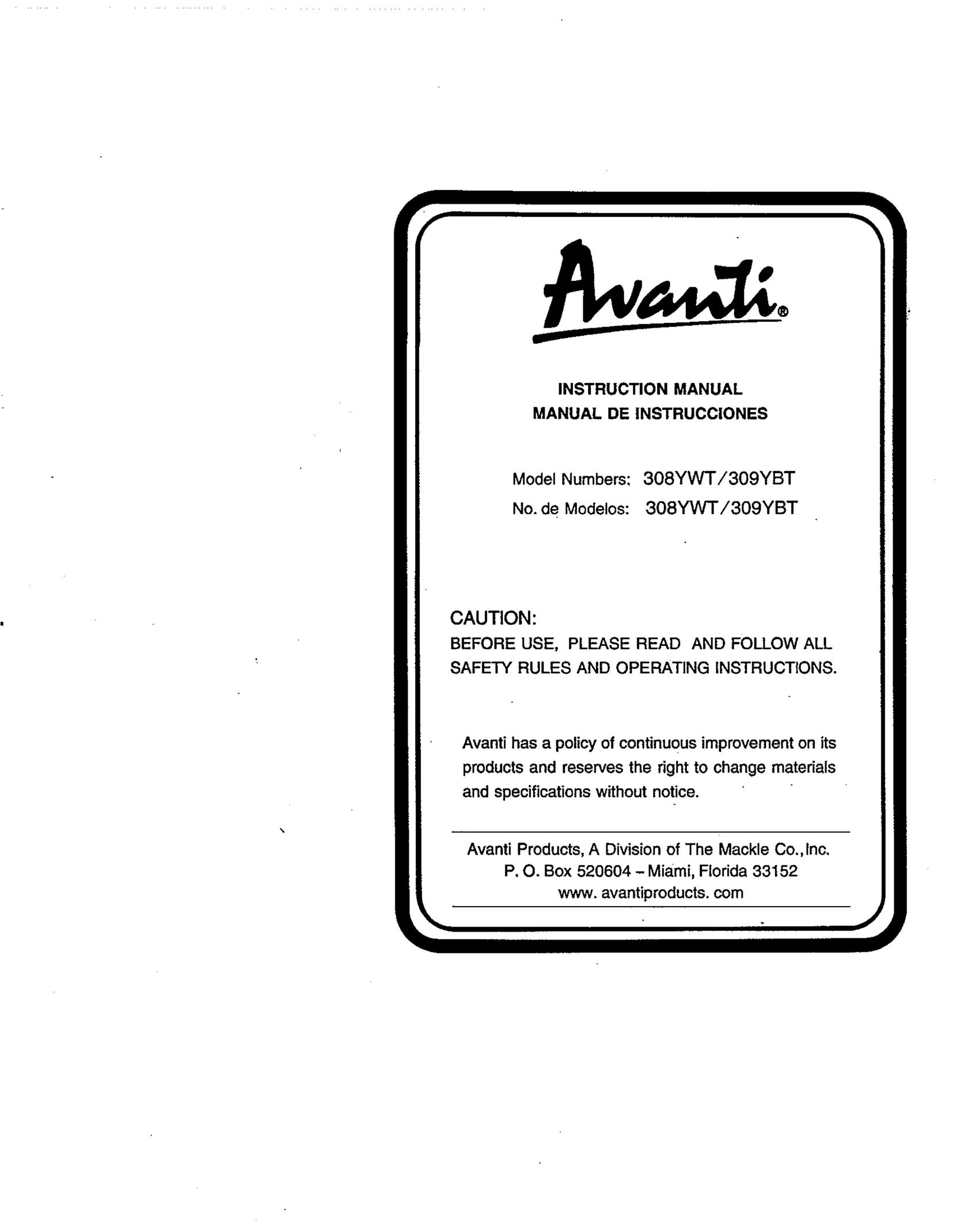 Avanti 309YBT Model Vehicle User Manual