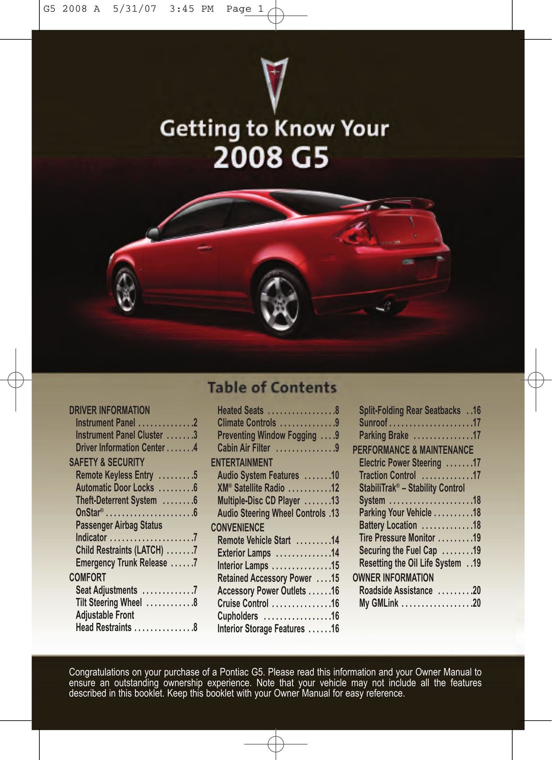 Pontiac G5 Model Vehicle User Manual