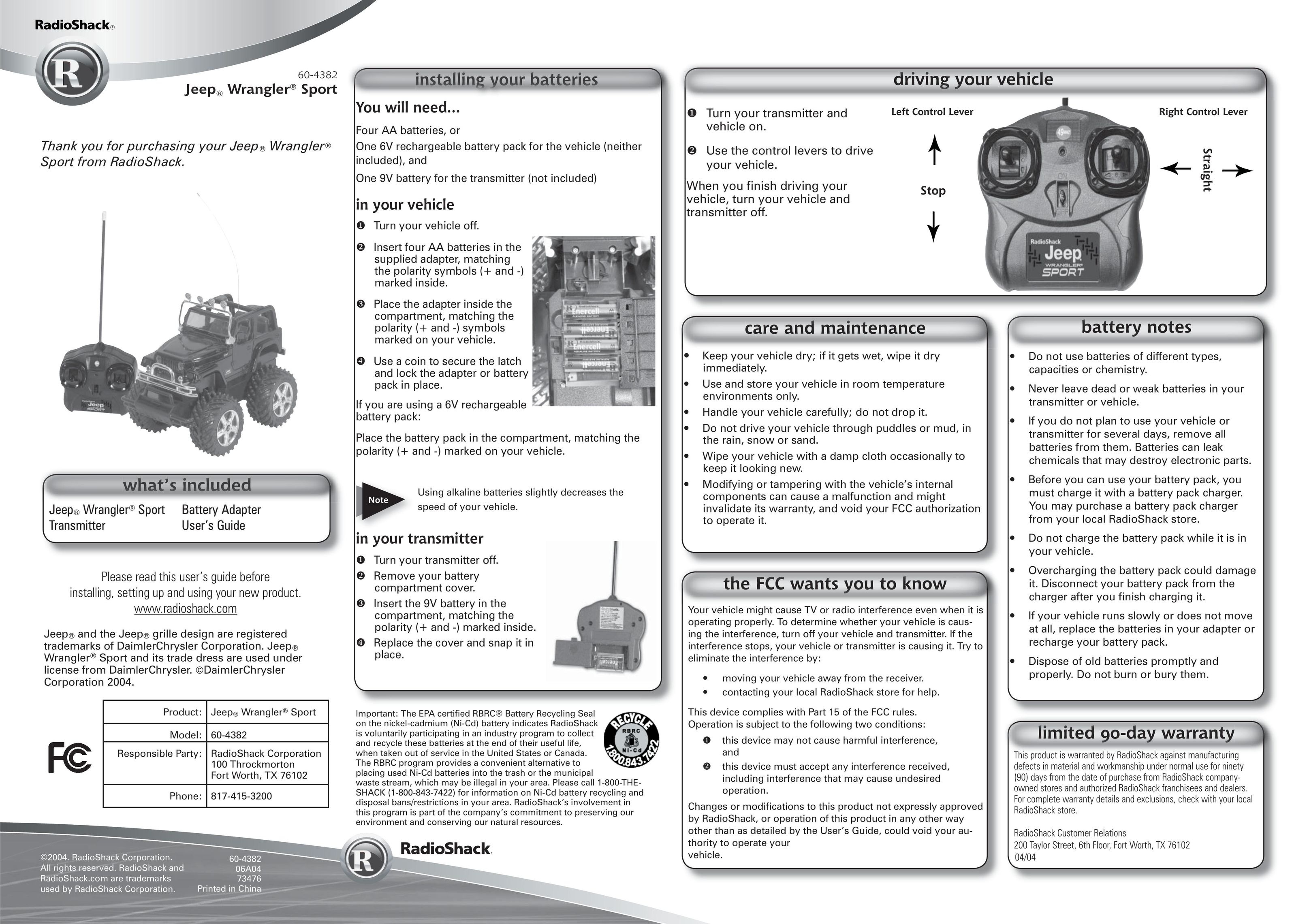 Radio Shack 60-4382 Model Vehicle User Manual