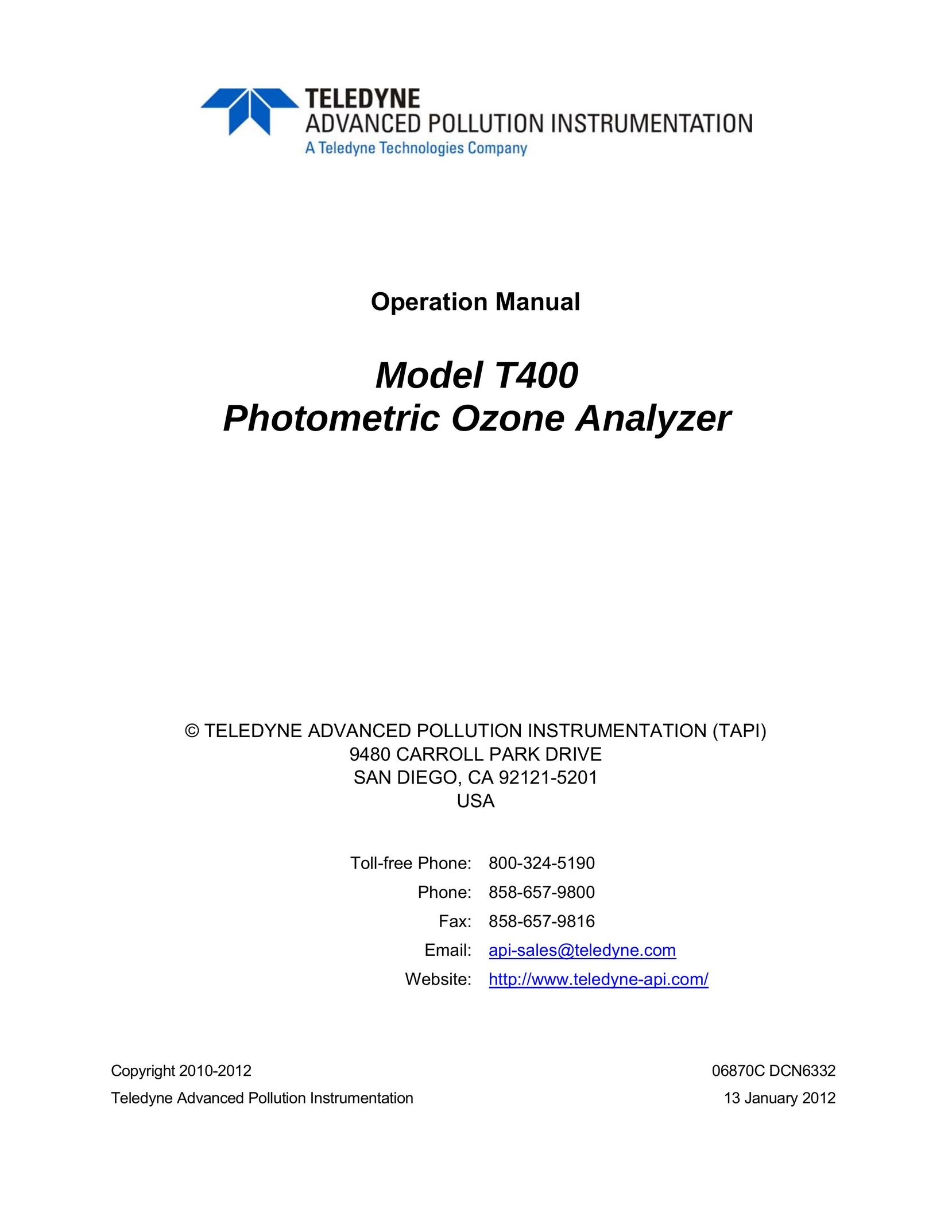 Teledyne T400 Model Vehicle User Manual