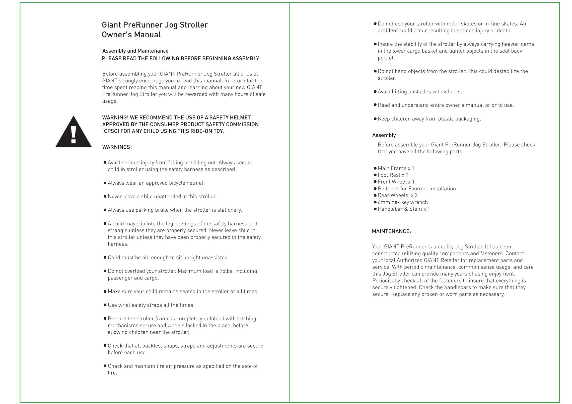 Giant PreRunner Jog Stroller Stroller User Manual