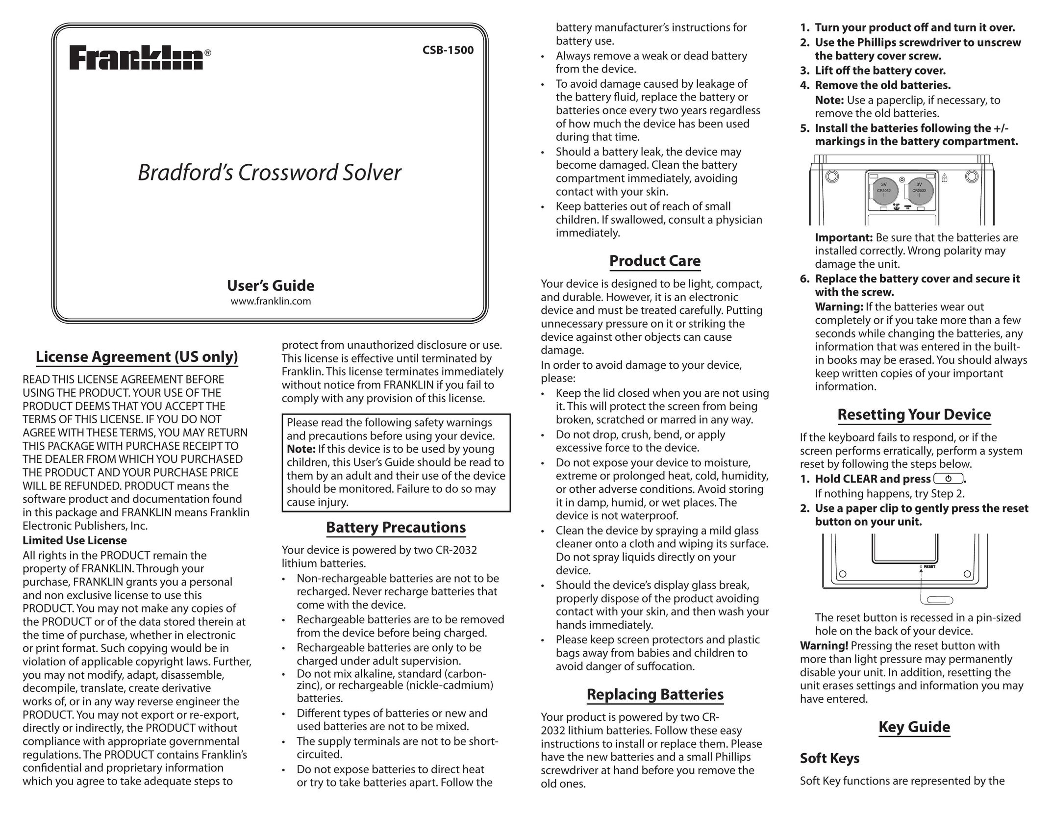 Franklin Bradford's Crossword Solver Table Top Game User Manual