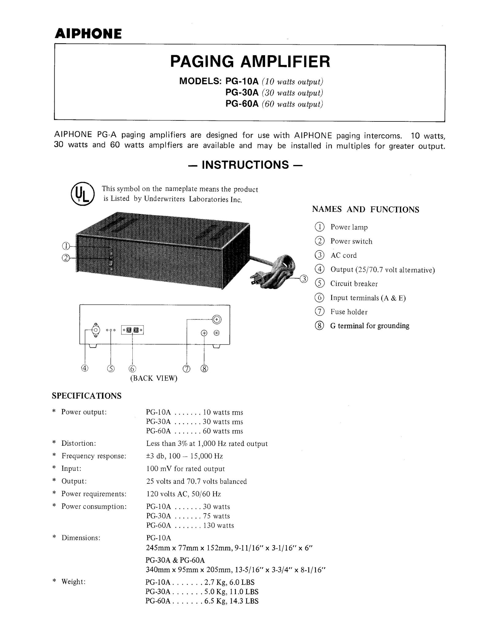 Aiphone PG-10A Car Amplifier User Manual