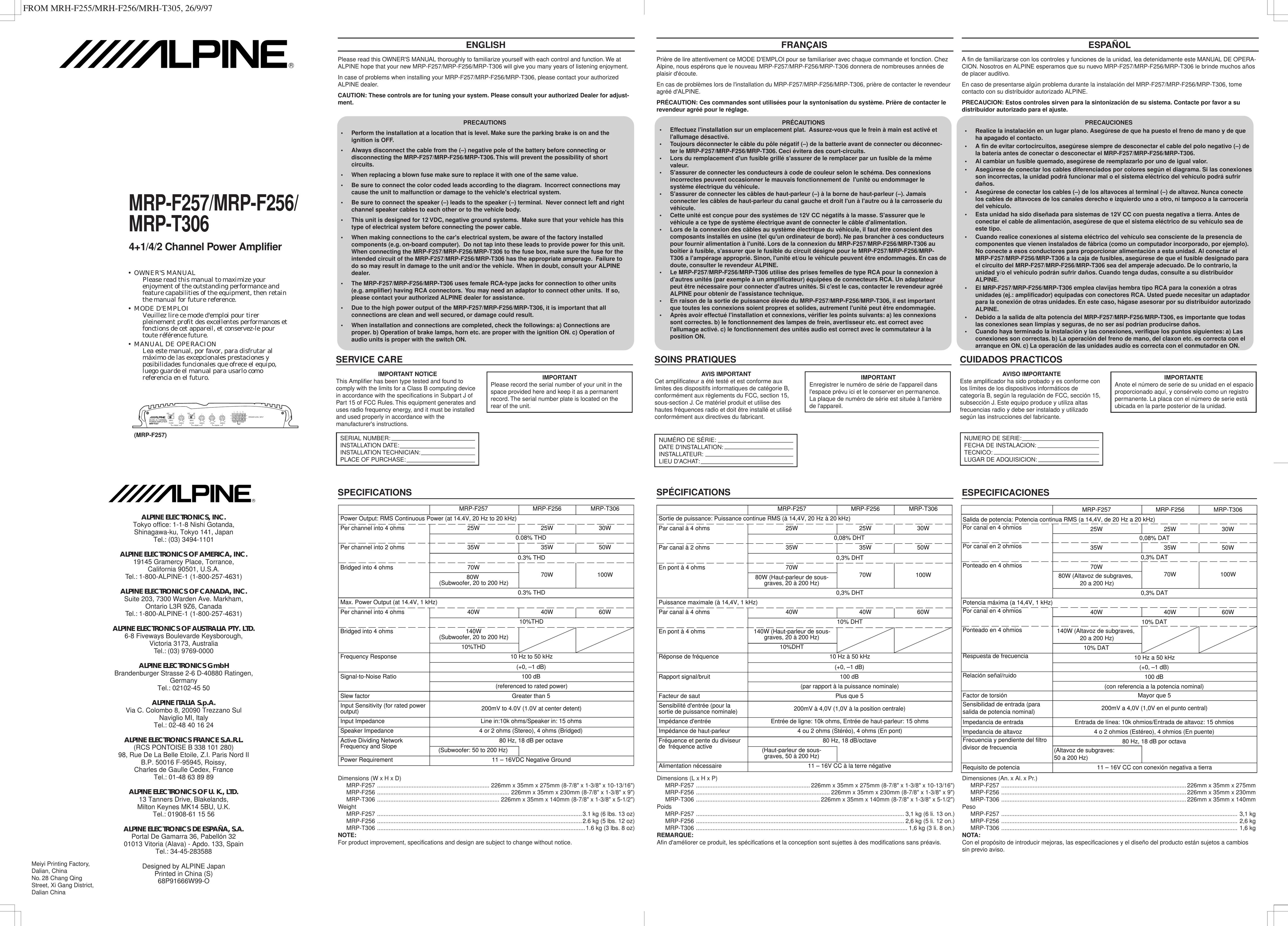 Alpine MRP-T306 Car Amplifier User Manual