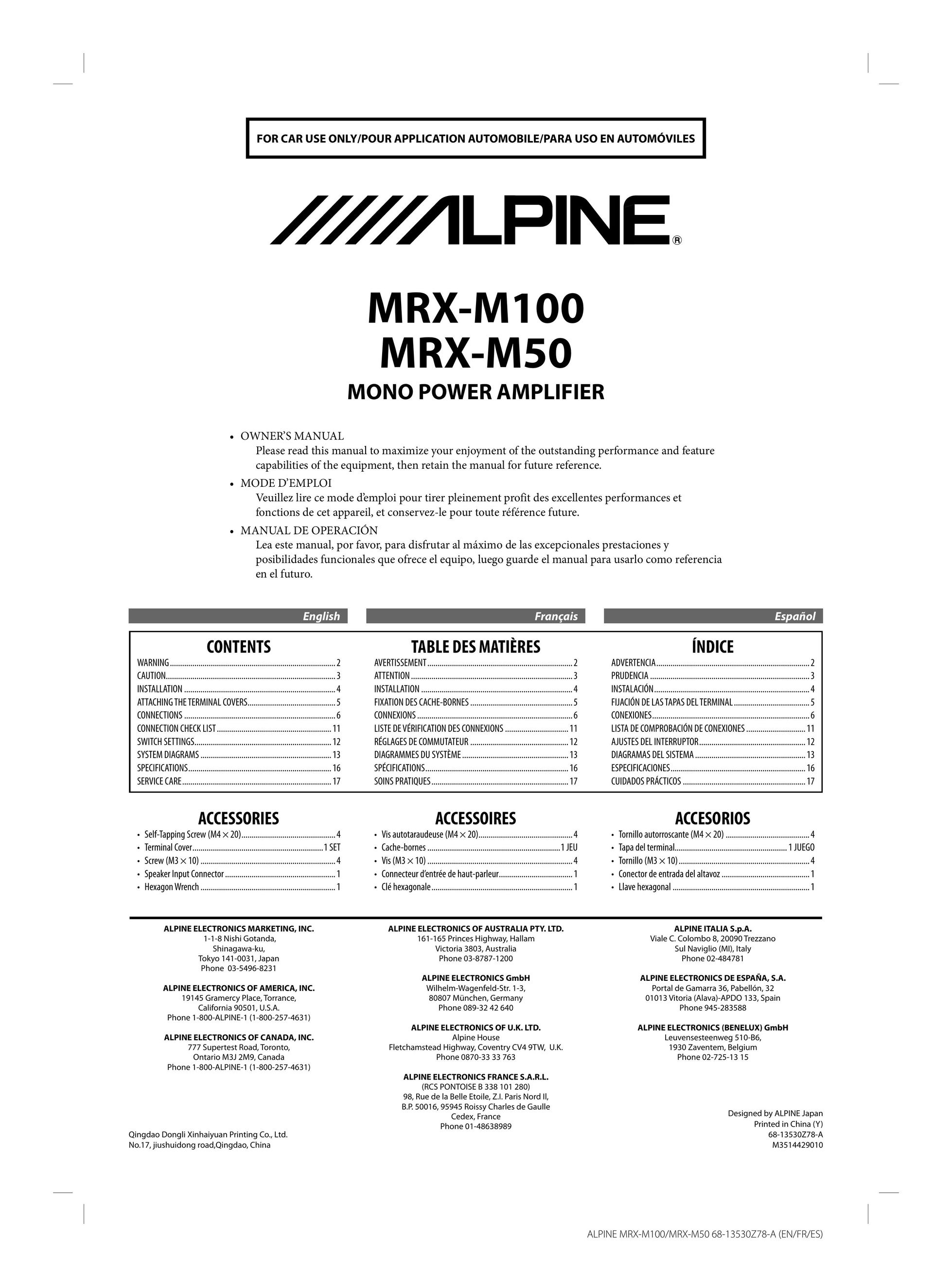 Alpine MRX-M100 Car Amplifier User Manual