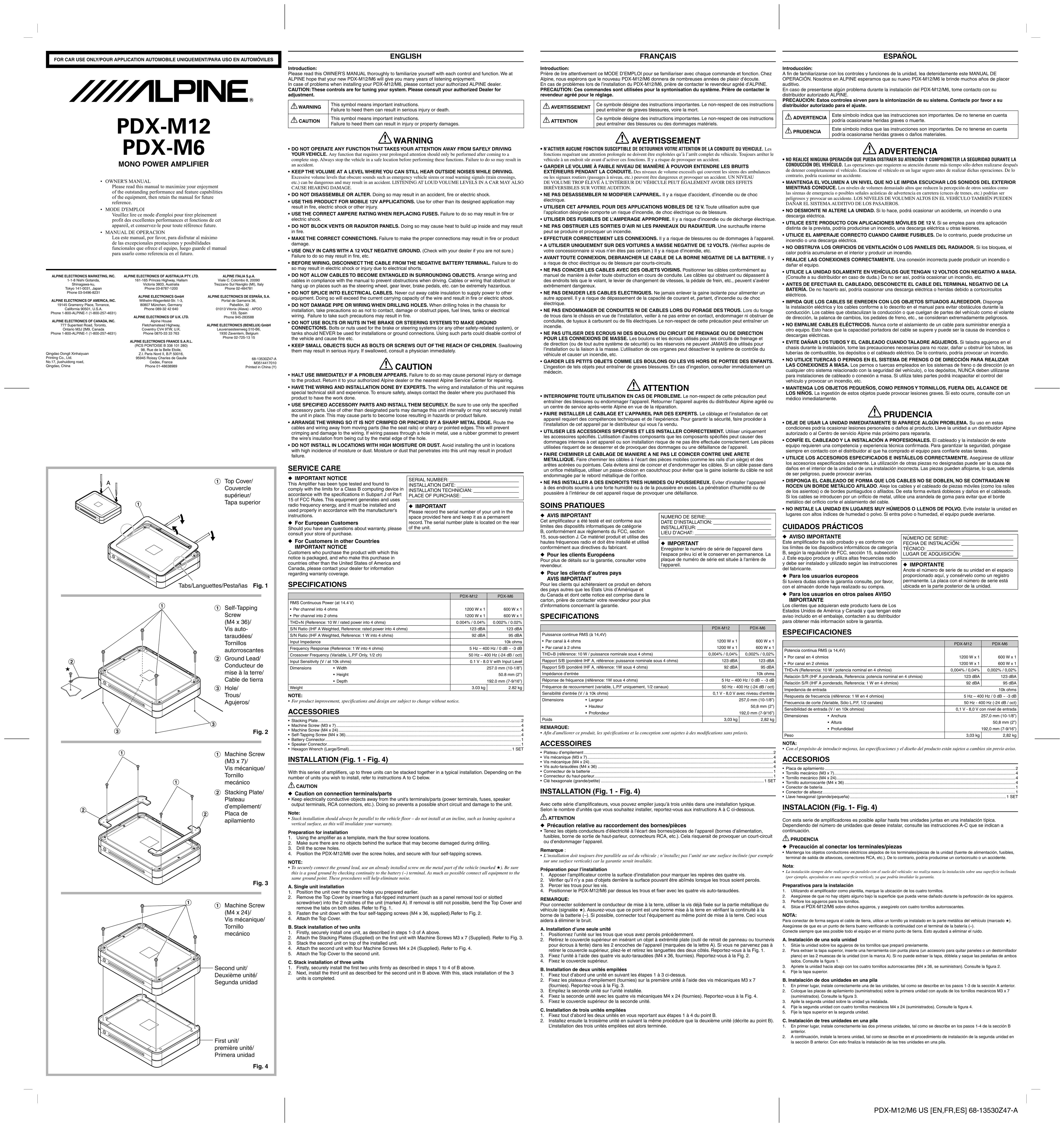 Alpine PDX-M12 Car Amplifier User Manual