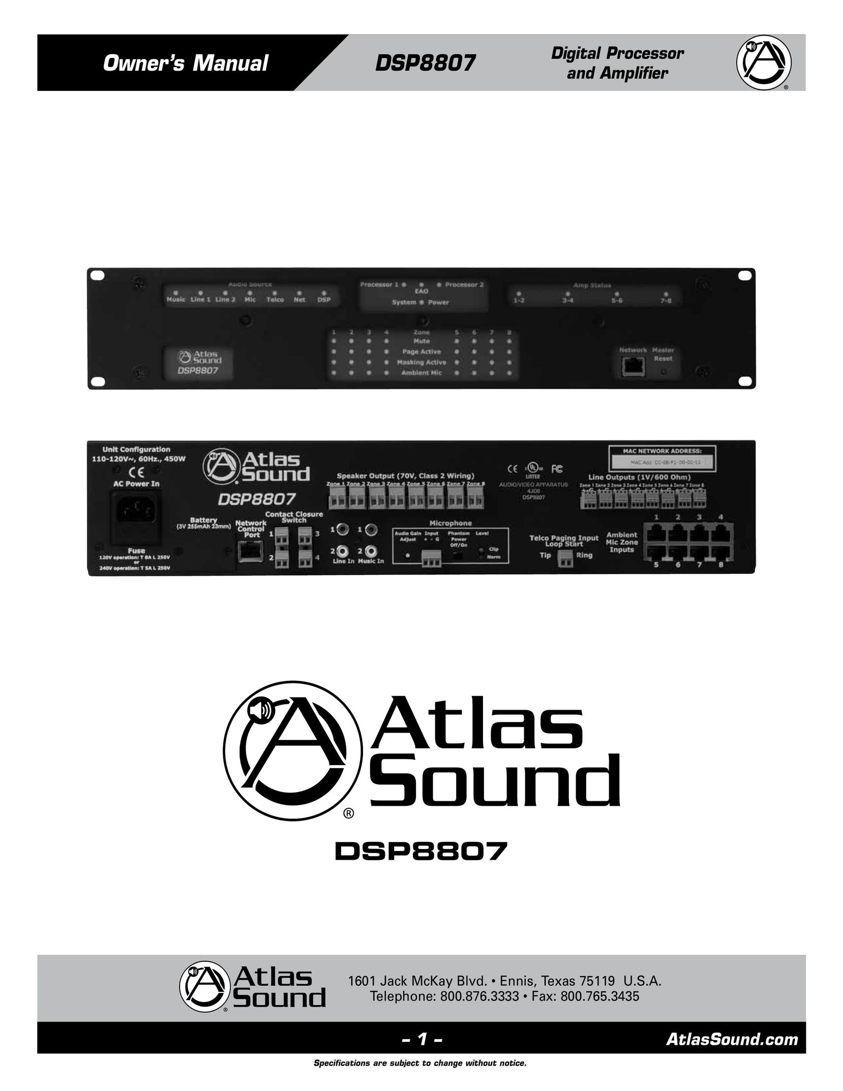 Atlas Sound DSP8807 Car Amplifier User Manual