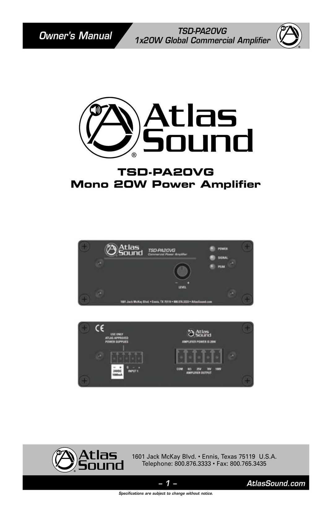 Atlas Sound TSD-PA20VG Car Amplifier User Manual