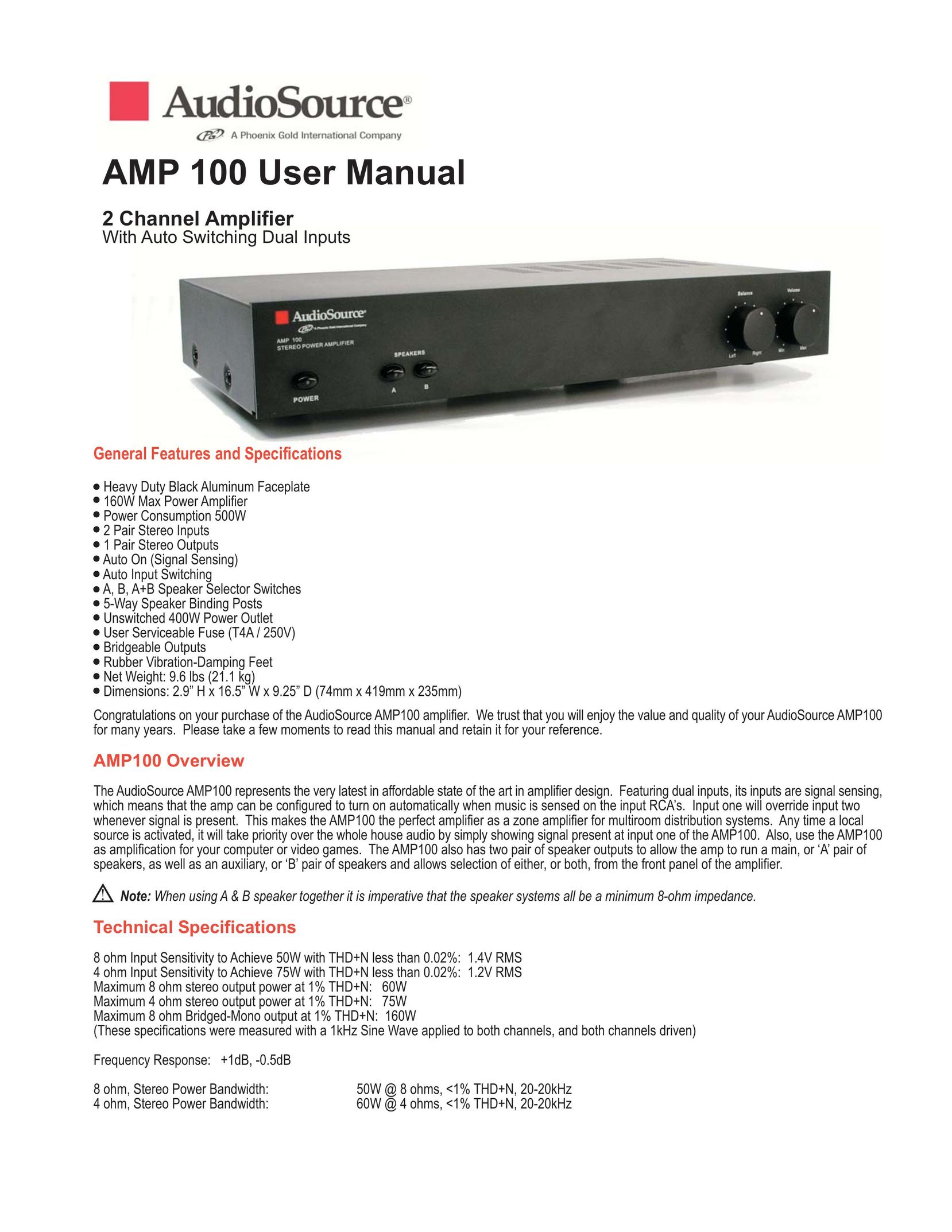AudioSource AMP 100 Car Amplifier User Manual