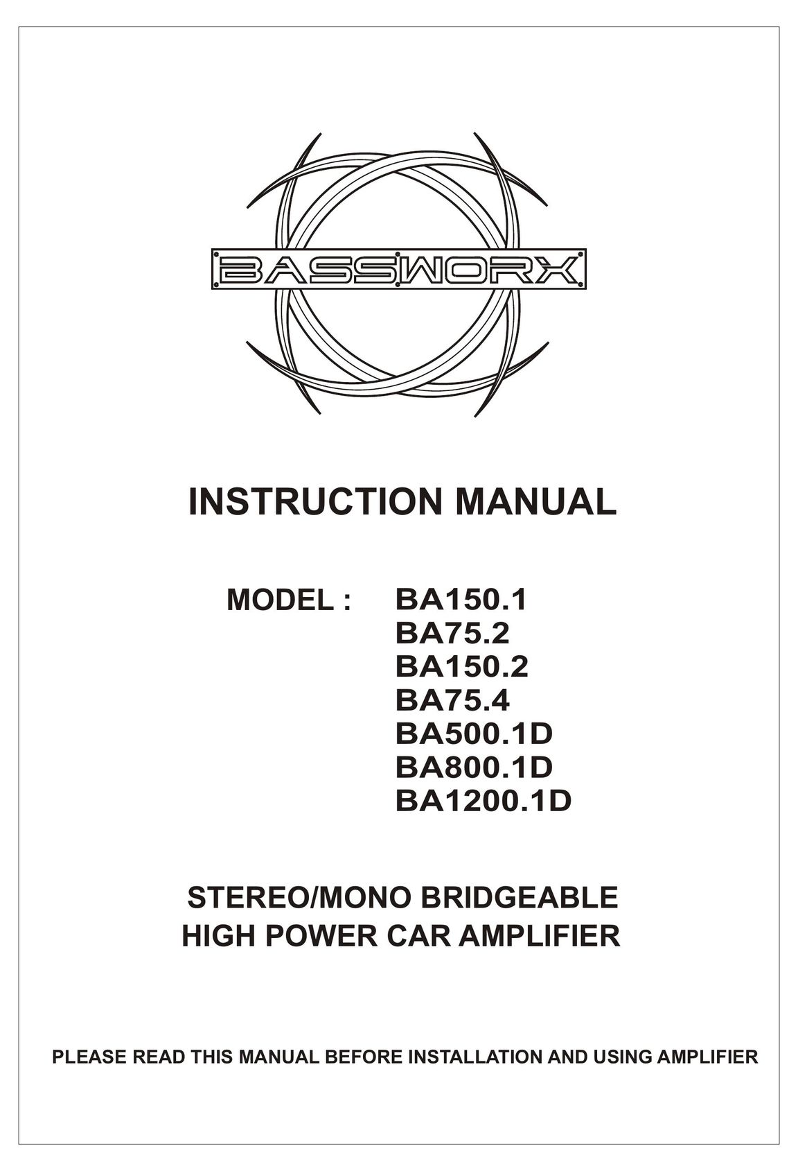 Bassworx BA1200.1D Car Amplifier User Manual
