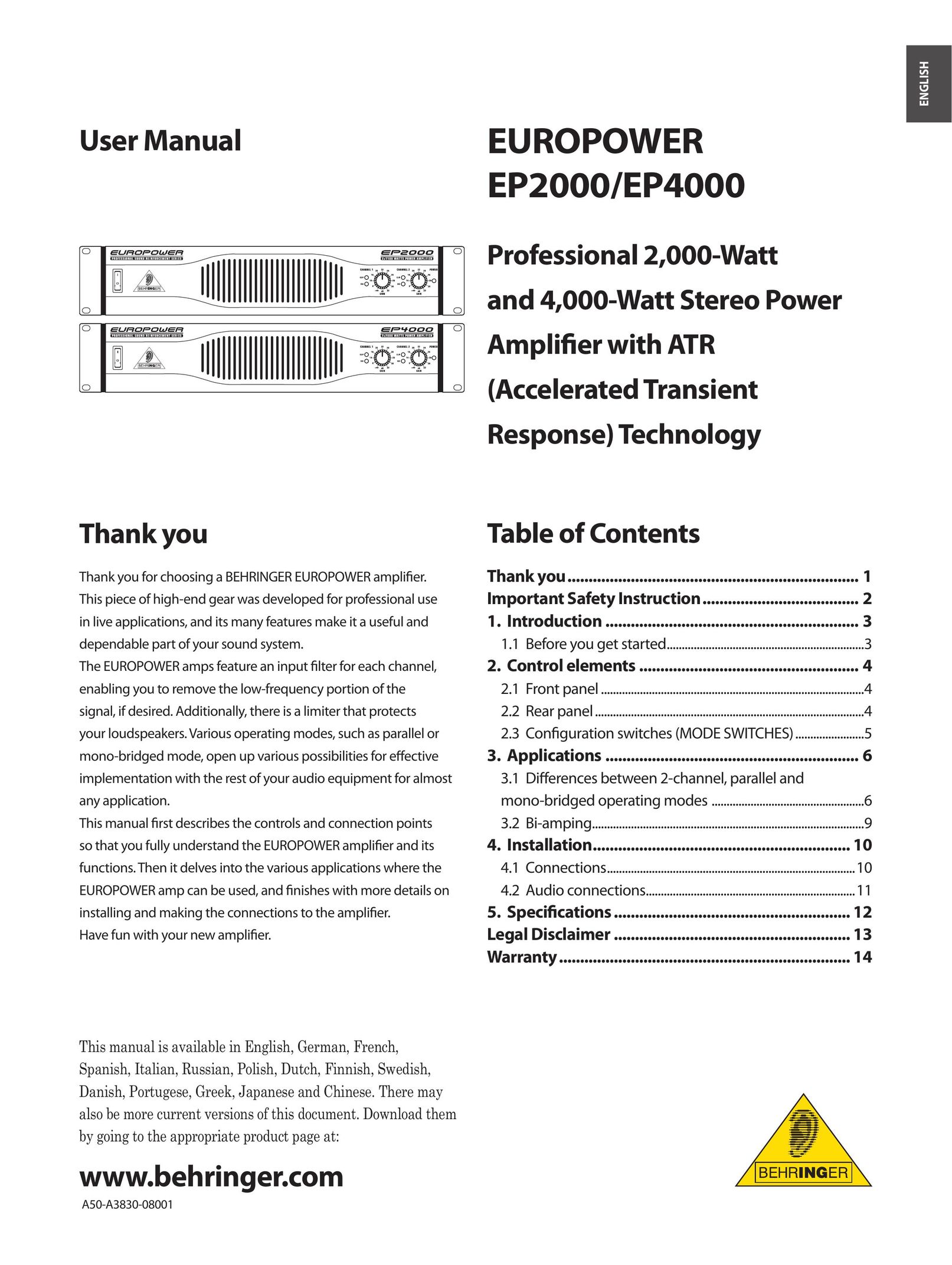Behringer EP2000 Car Amplifier User Manual