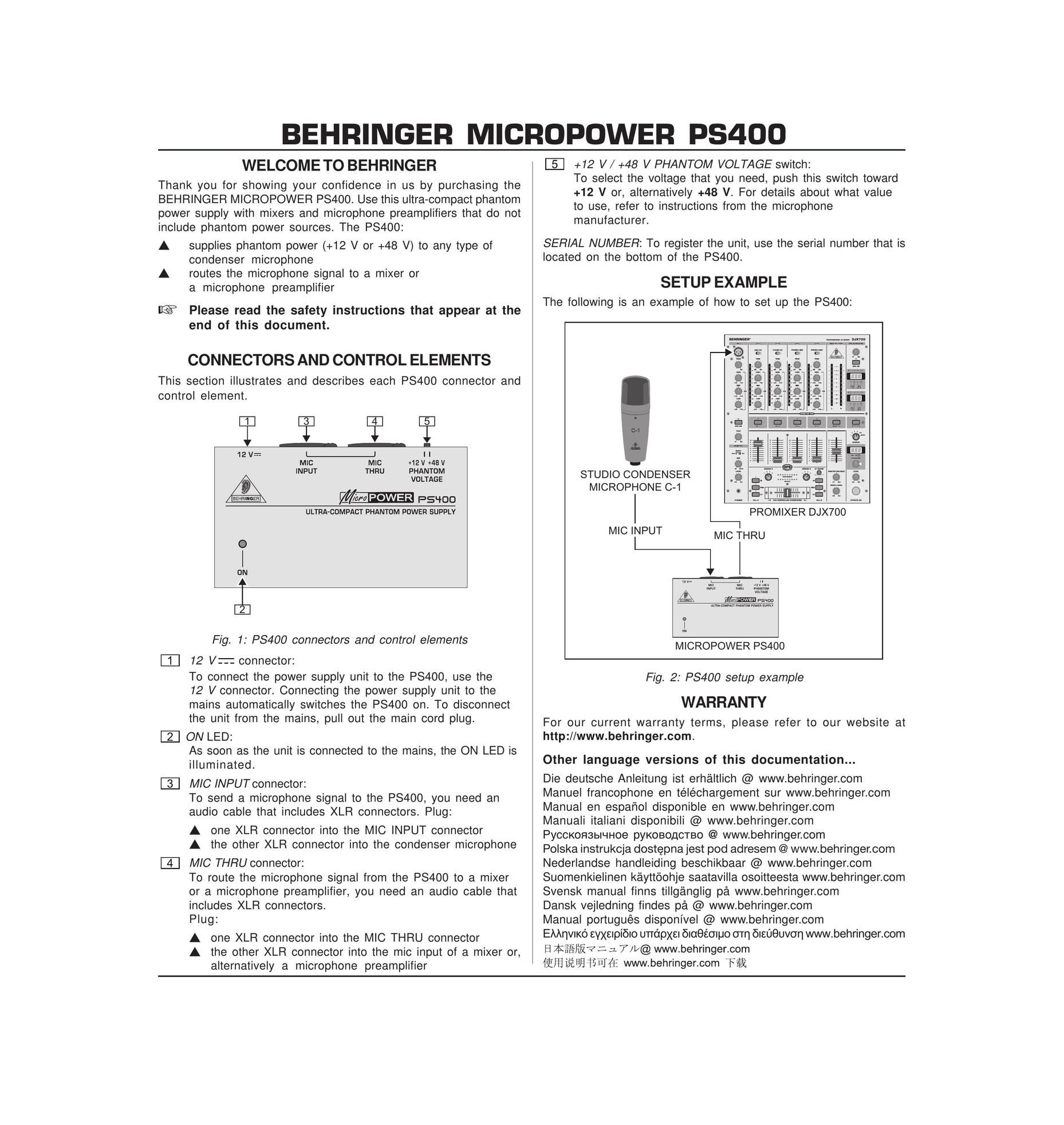 Behringer PS400 Car Amplifier User Manual