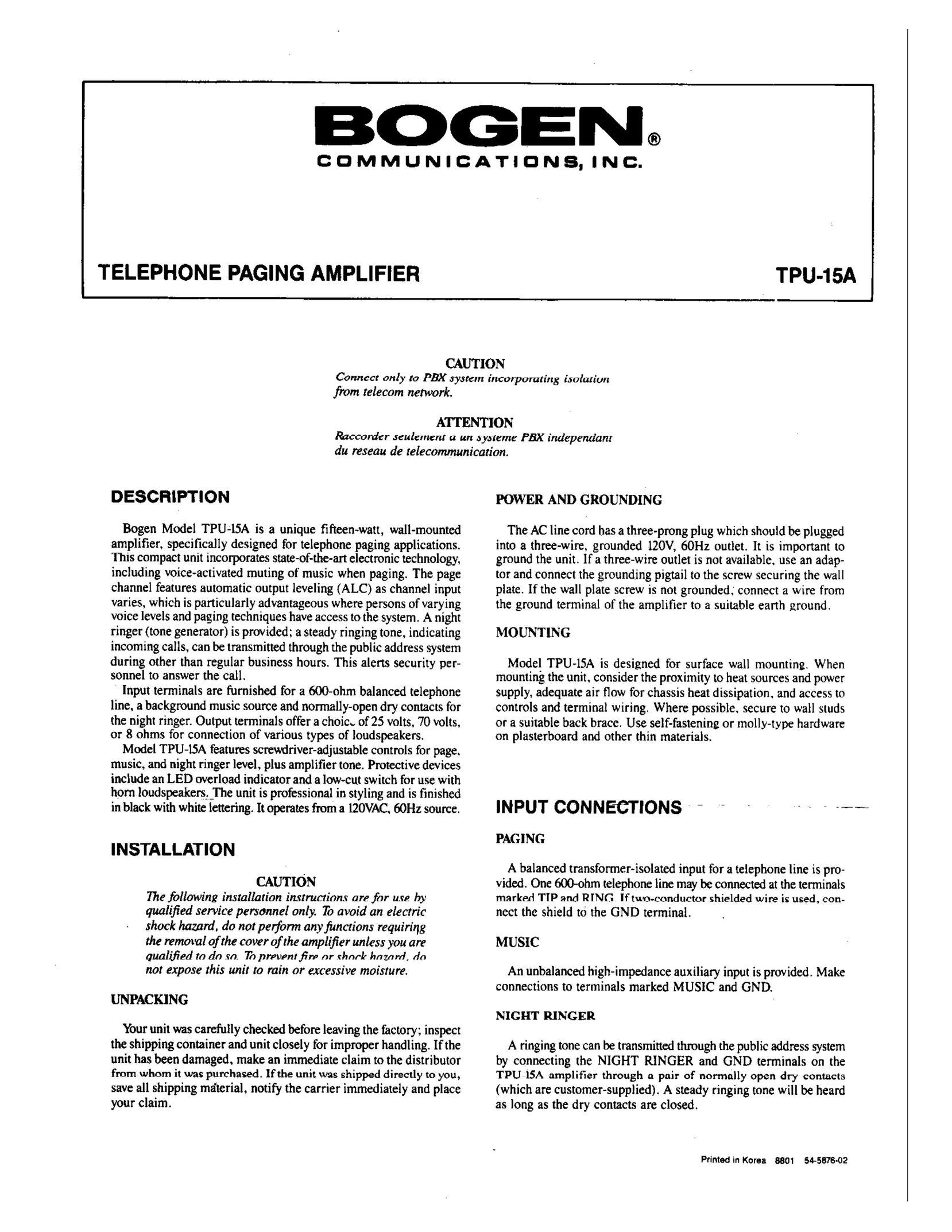 Bogen TPU-15A Car Amplifier User Manual