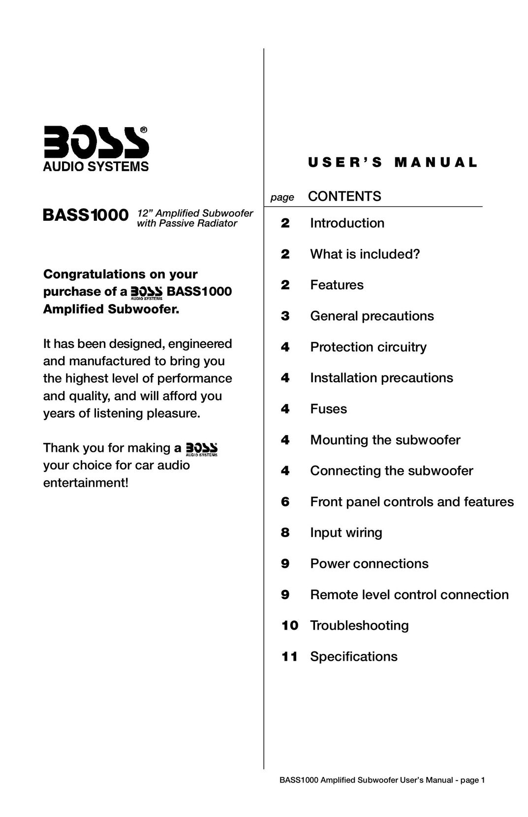 Boss Audio Systems BASS1000 Car Amplifier User Manual