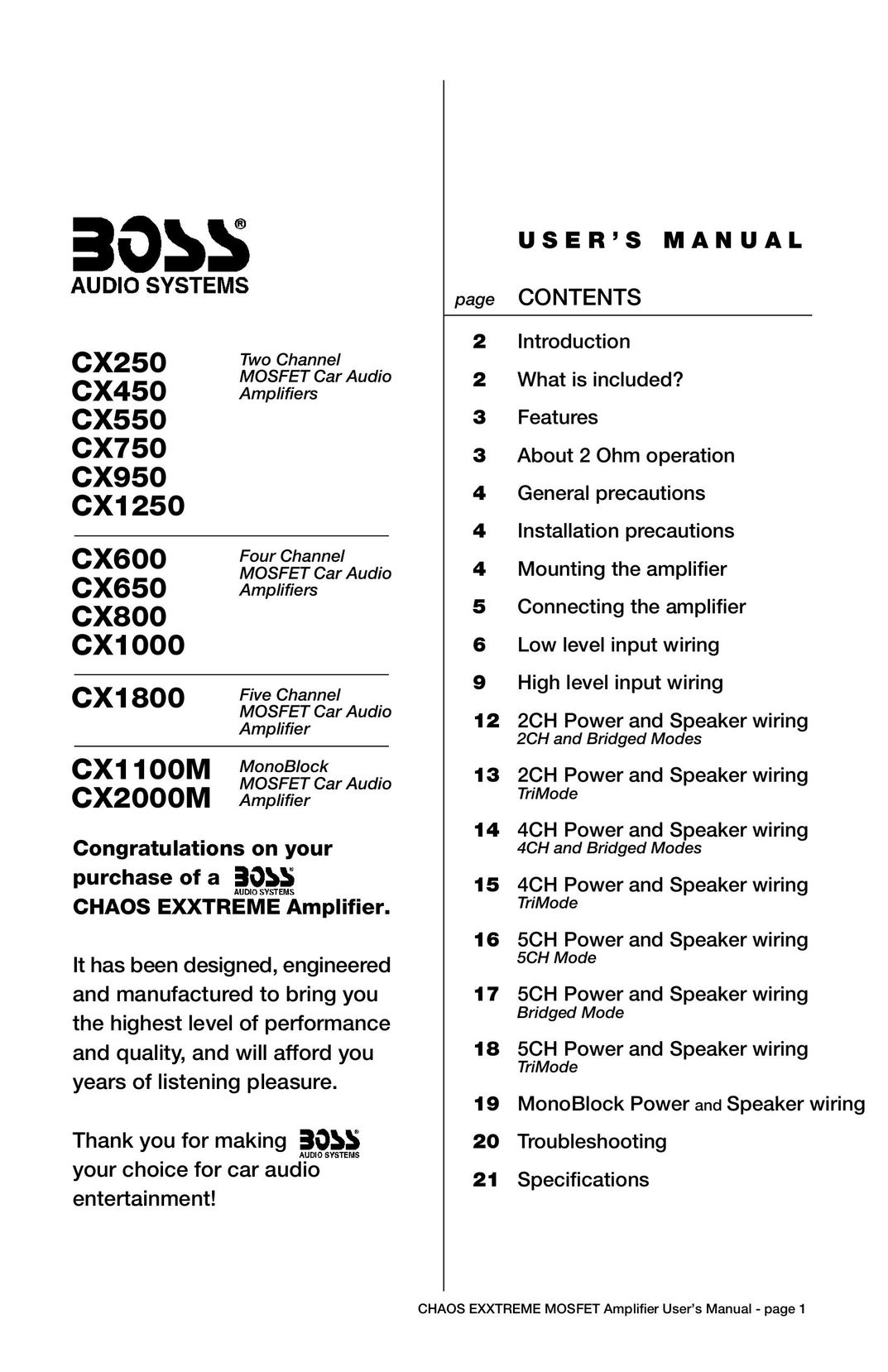 Boss Audio Systems CX1250 Car Amplifier User Manual