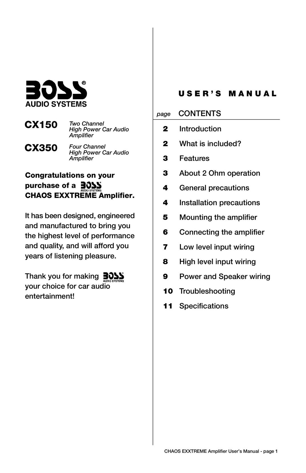 Boss Audio Systems CX150 Car Amplifier User Manual