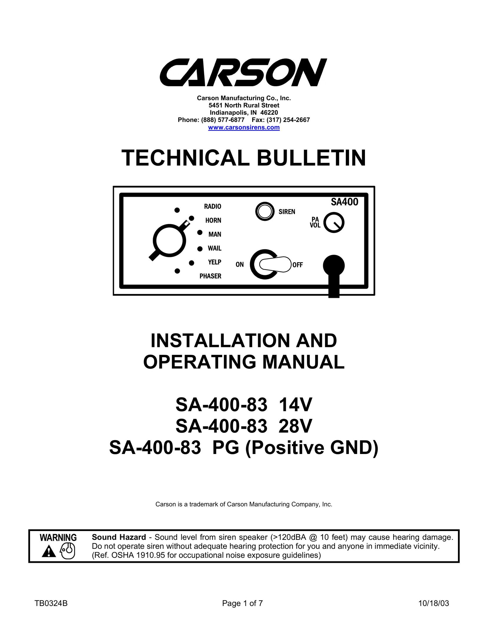 Carson SA-400-83 28V Car Amplifier User Manual