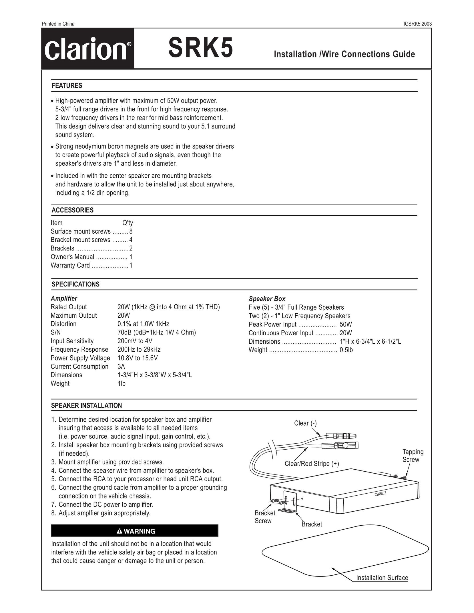 Clarion SRK5 Car Amplifier User Manual