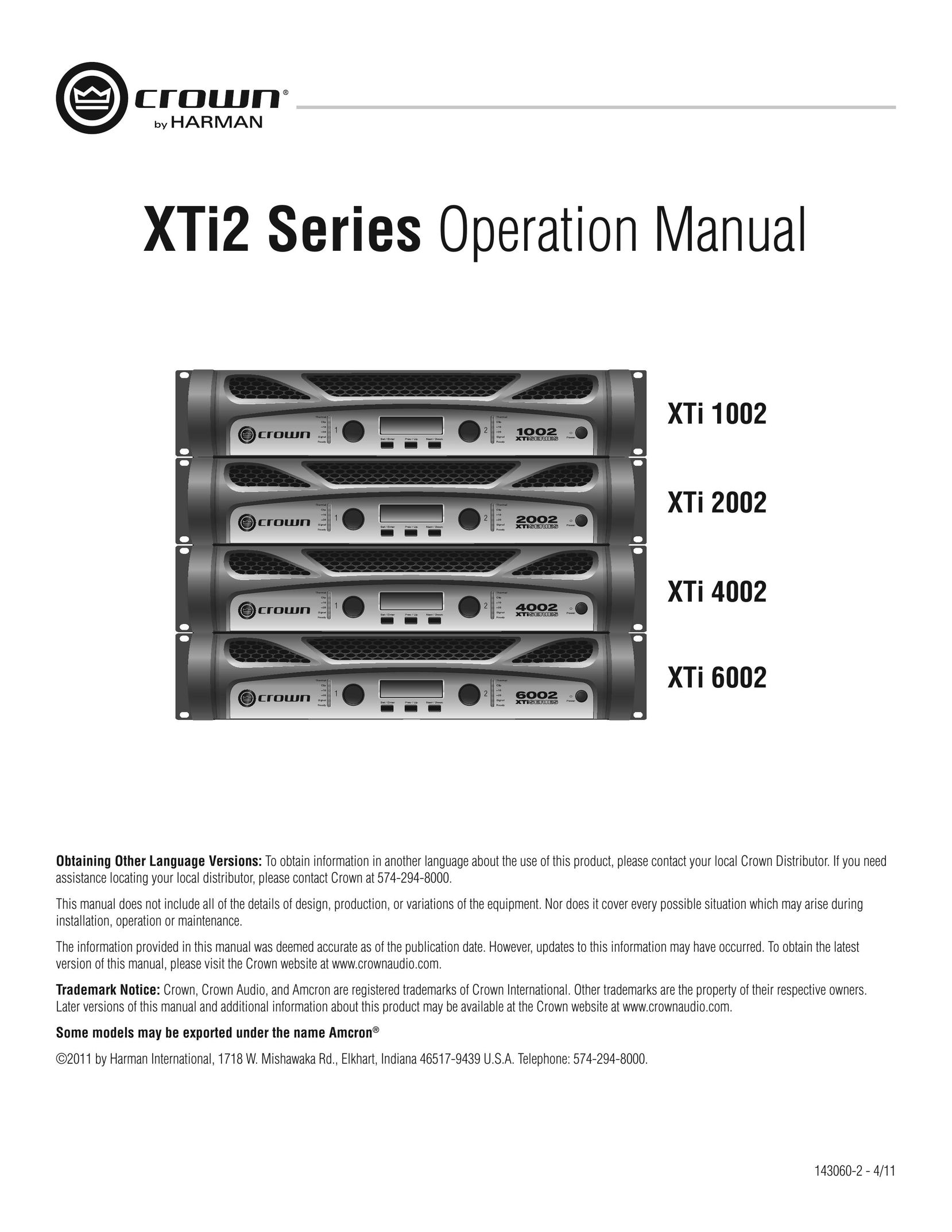 Crown XTI 1002 Car Amplifier User Manual