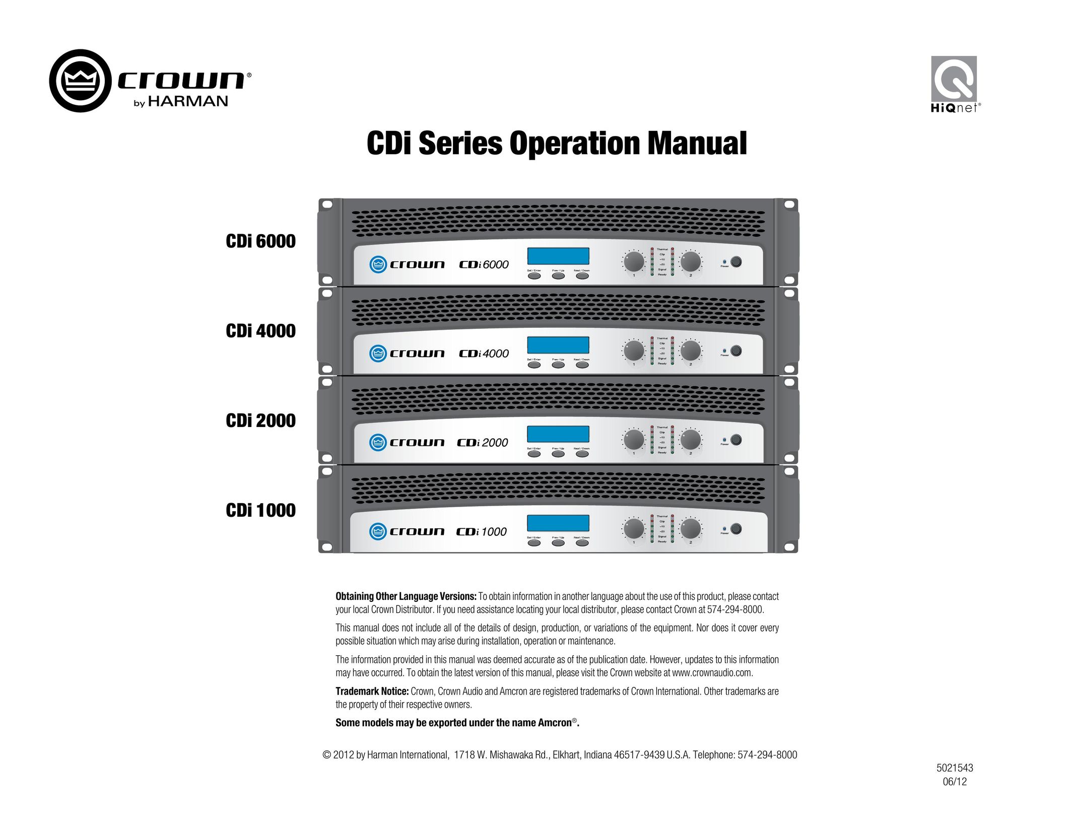 Crown Audio CDI2000 Car Amplifier User Manual