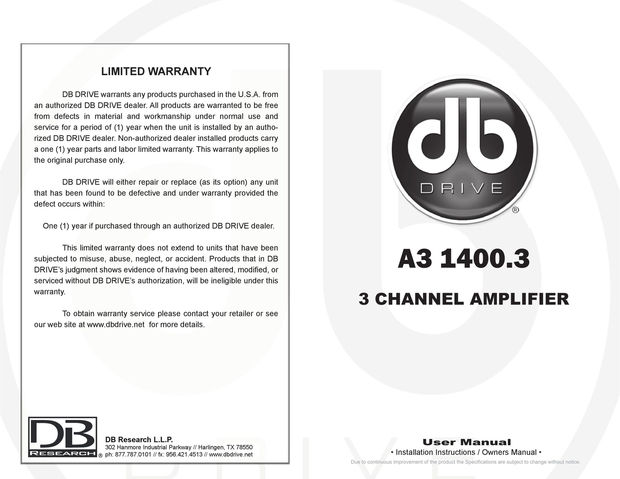 DB Drive A3 1400.3 Car Amplifier User Manual