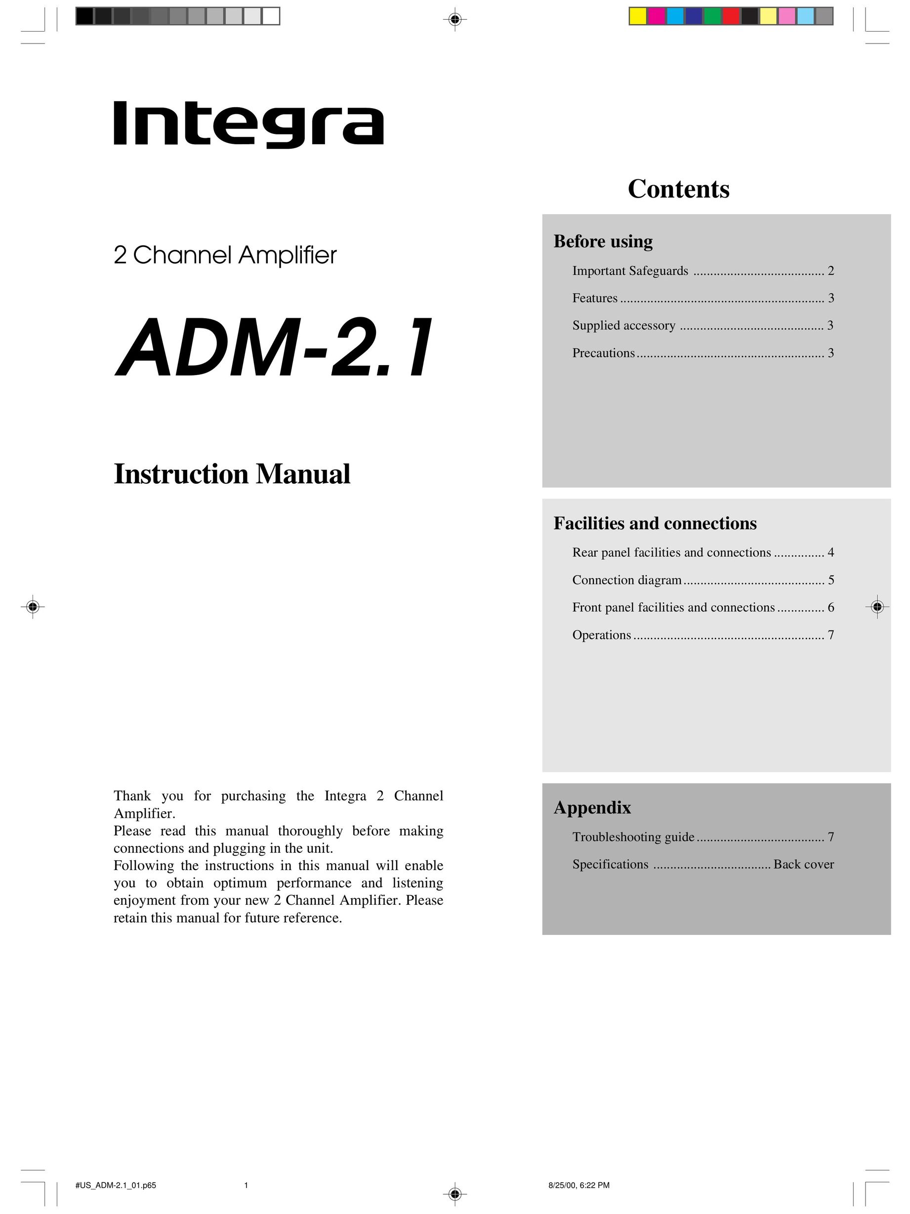 Integra ADM-2.1 Car Amplifier User Manual