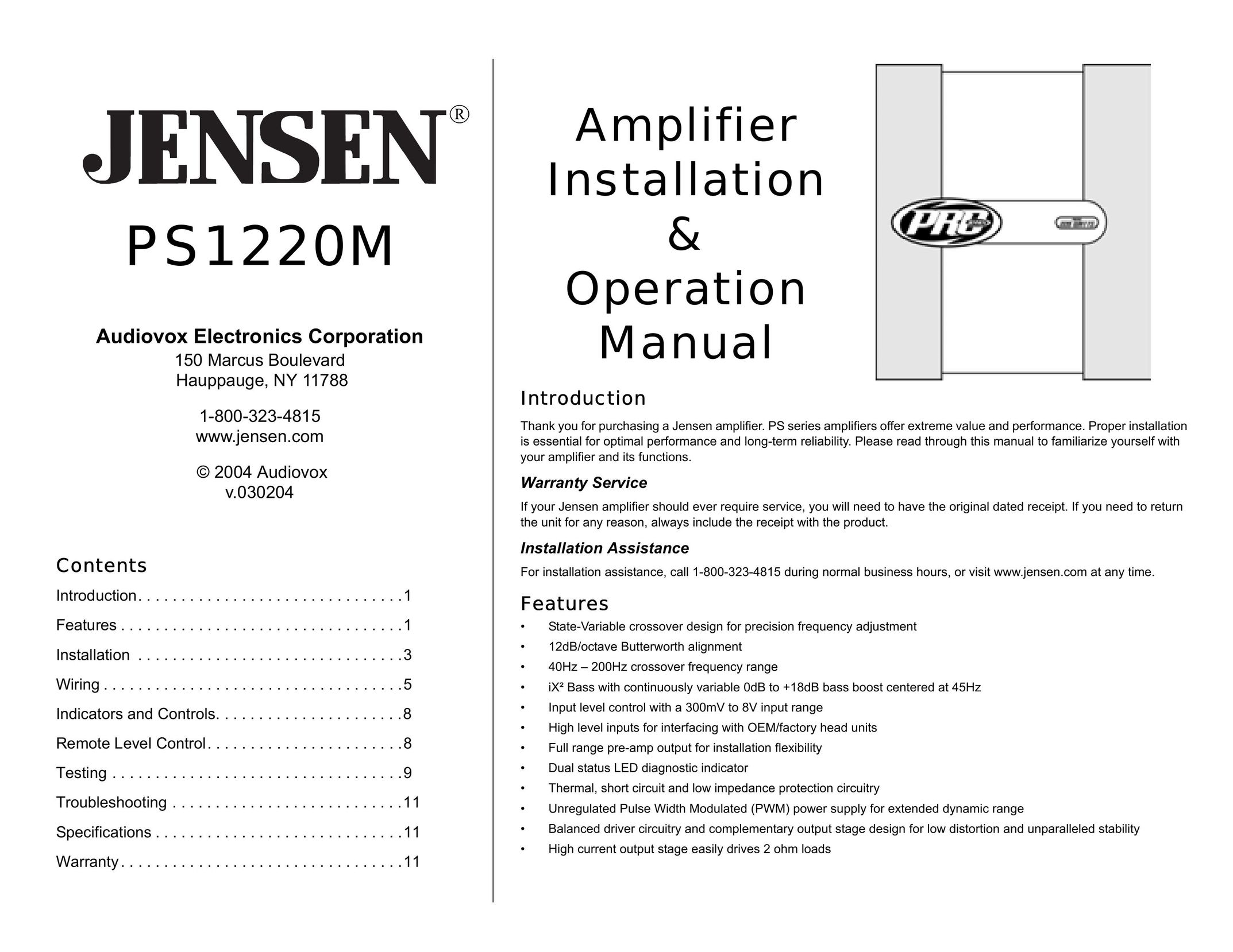 Jensen PS1220M Car Amplifier User Manual