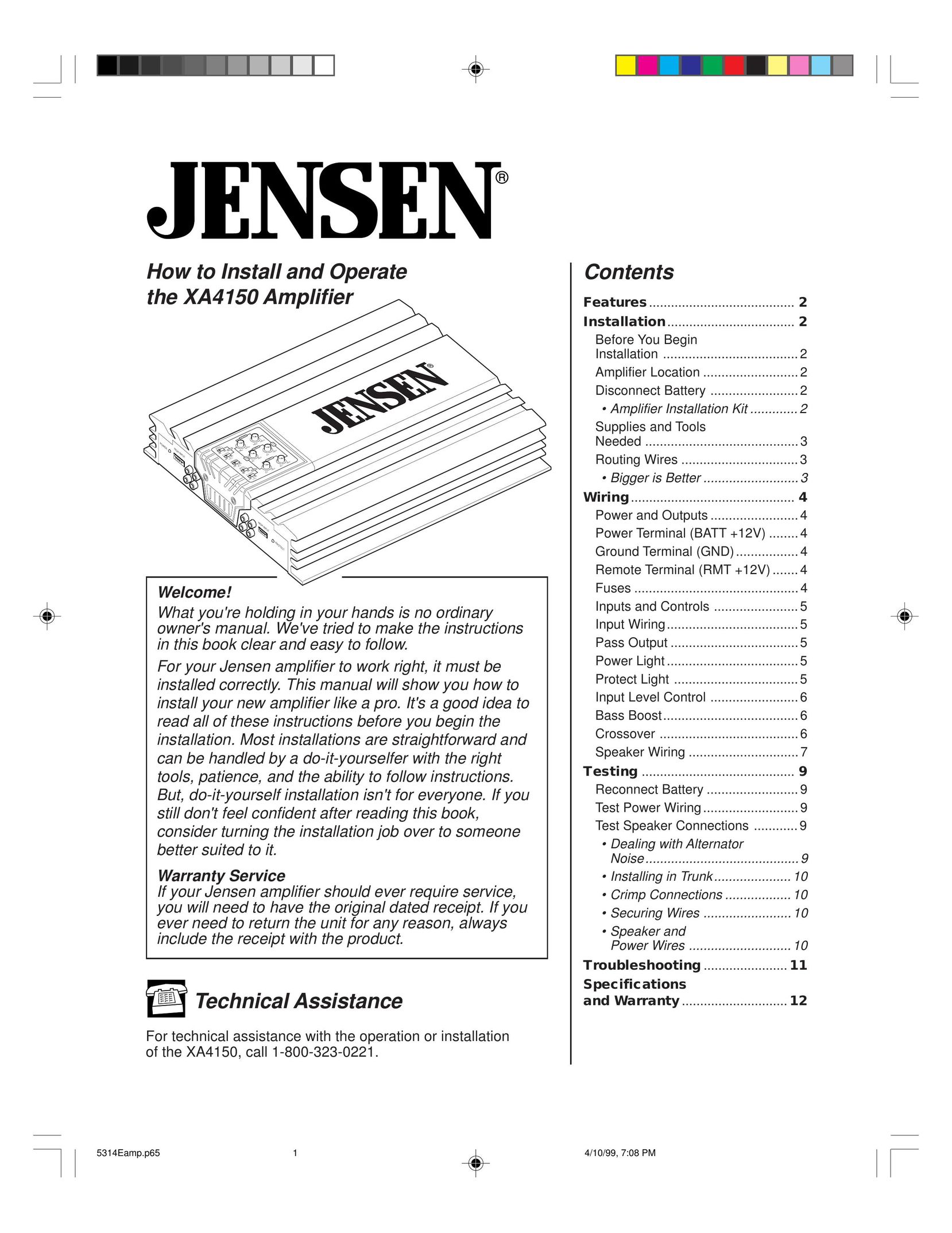 Jensen XA4150 Car Amplifier User Manual