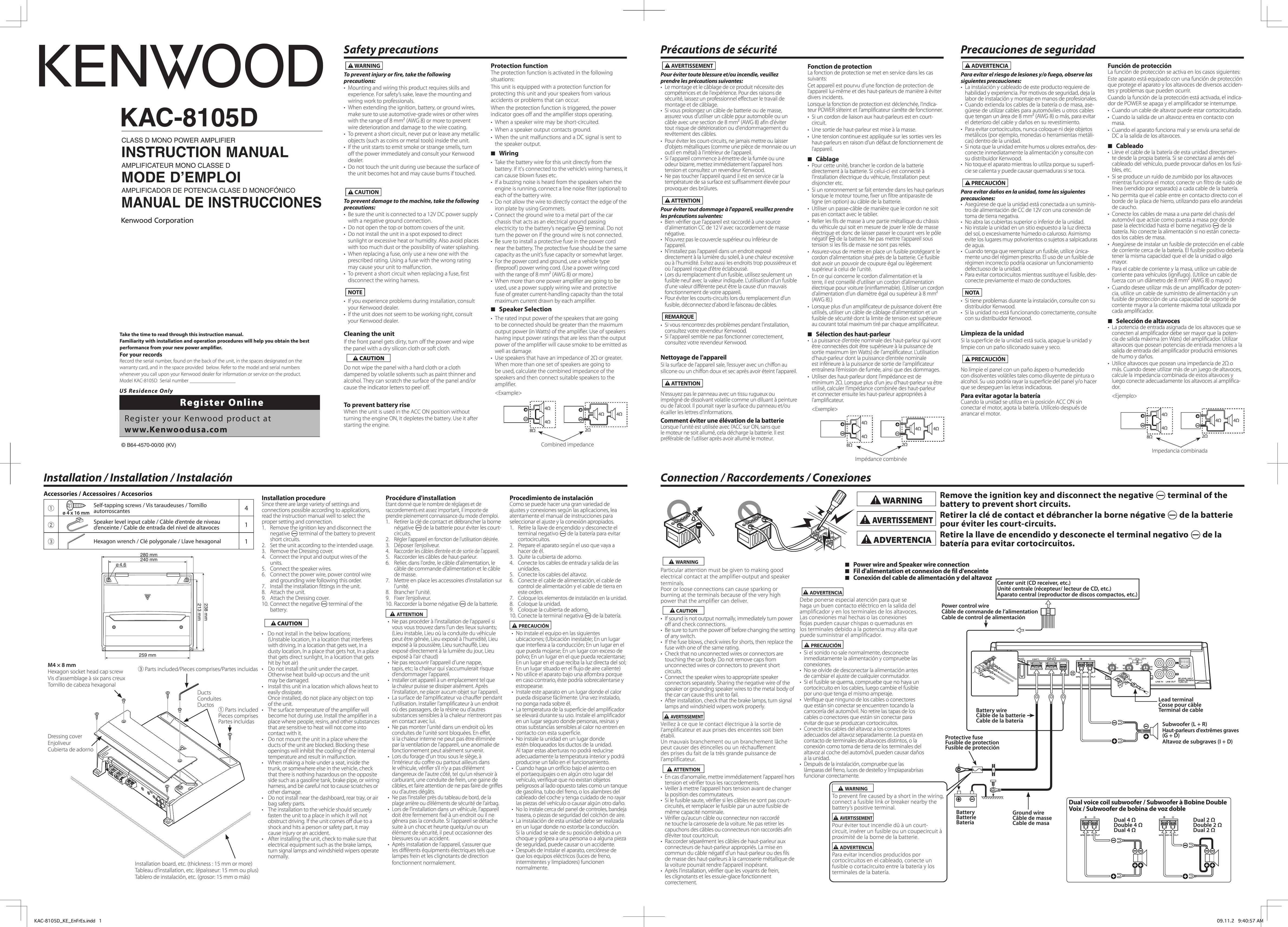 Kenwood KAC-8105D Car Amplifier User Manual