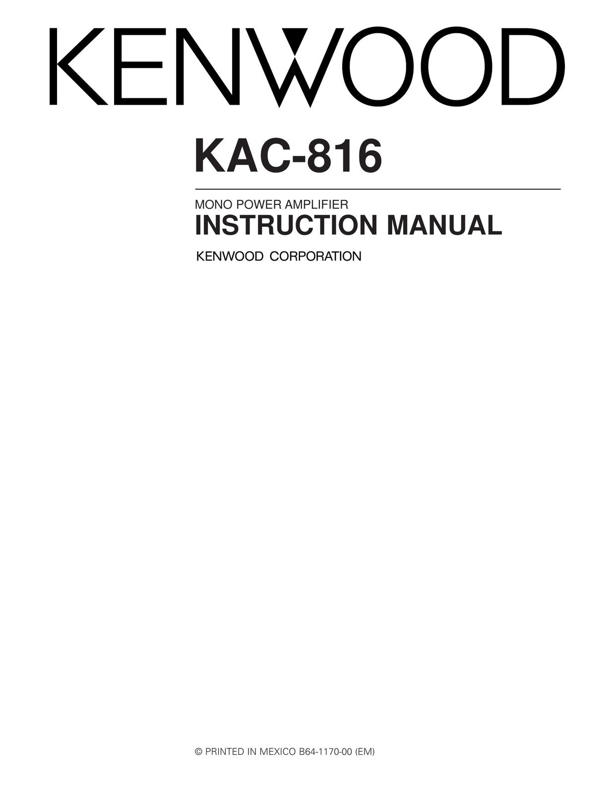 Kenwood KAC-816 Car Amplifier User Manual
