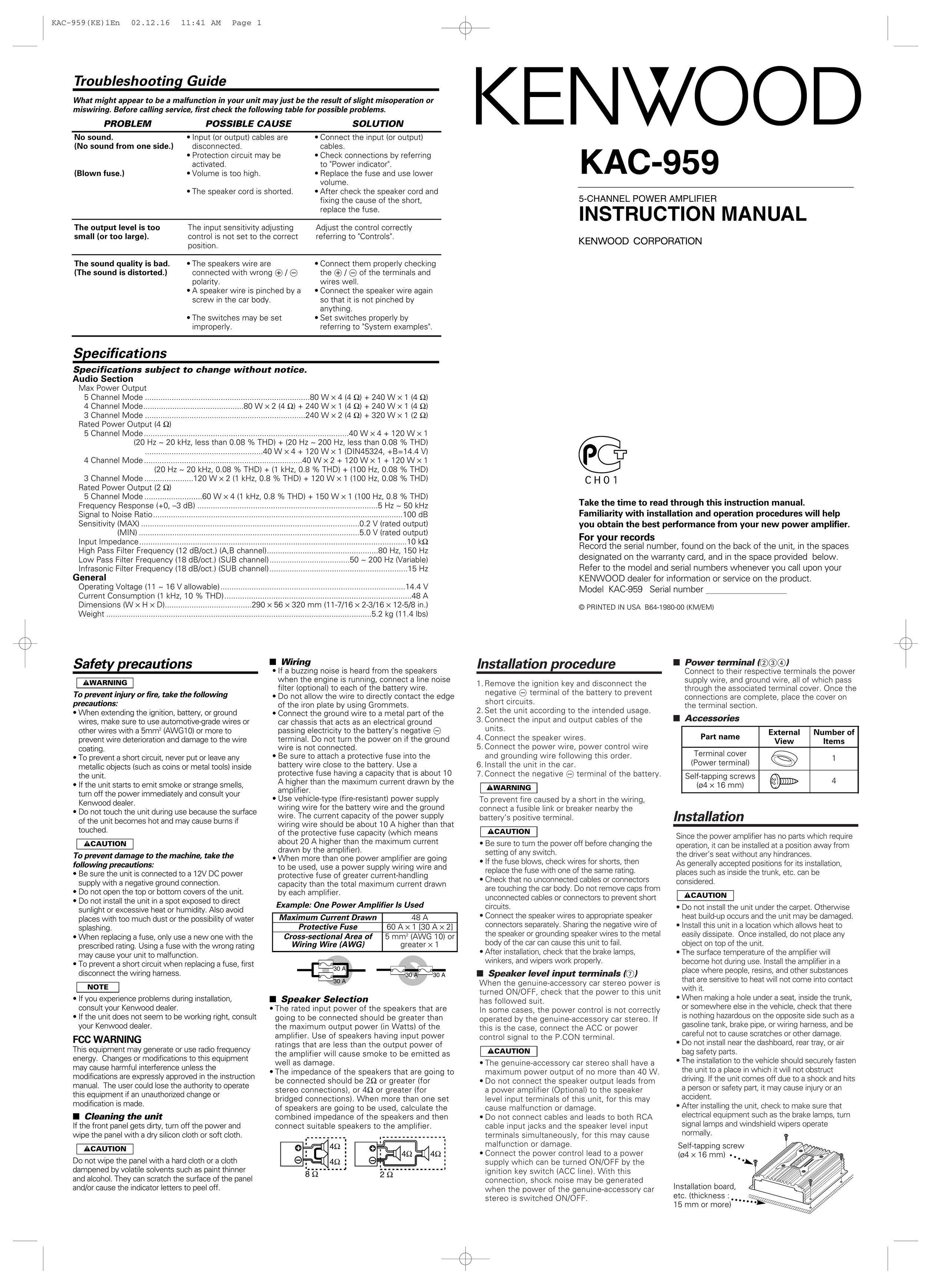 Kenwood KAC-959 Car Amplifier User Manual