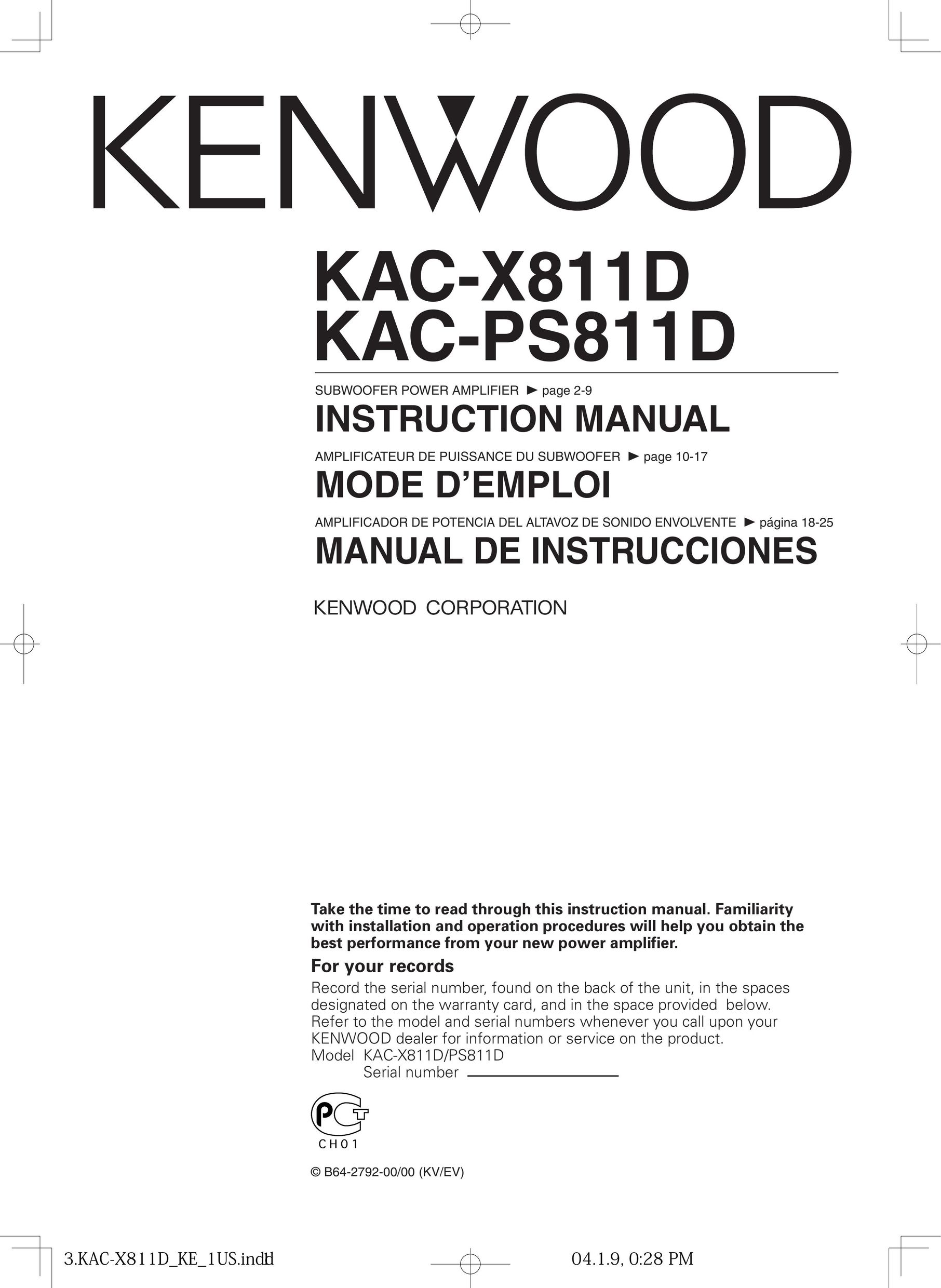 Kenwood KAC-PS811D Car Amplifier User Manual