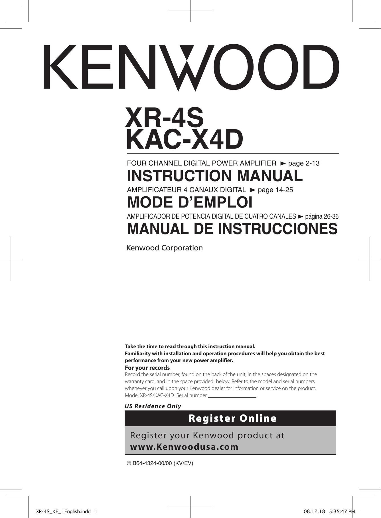 Kenwood KAC-X4D Car Amplifier User Manual