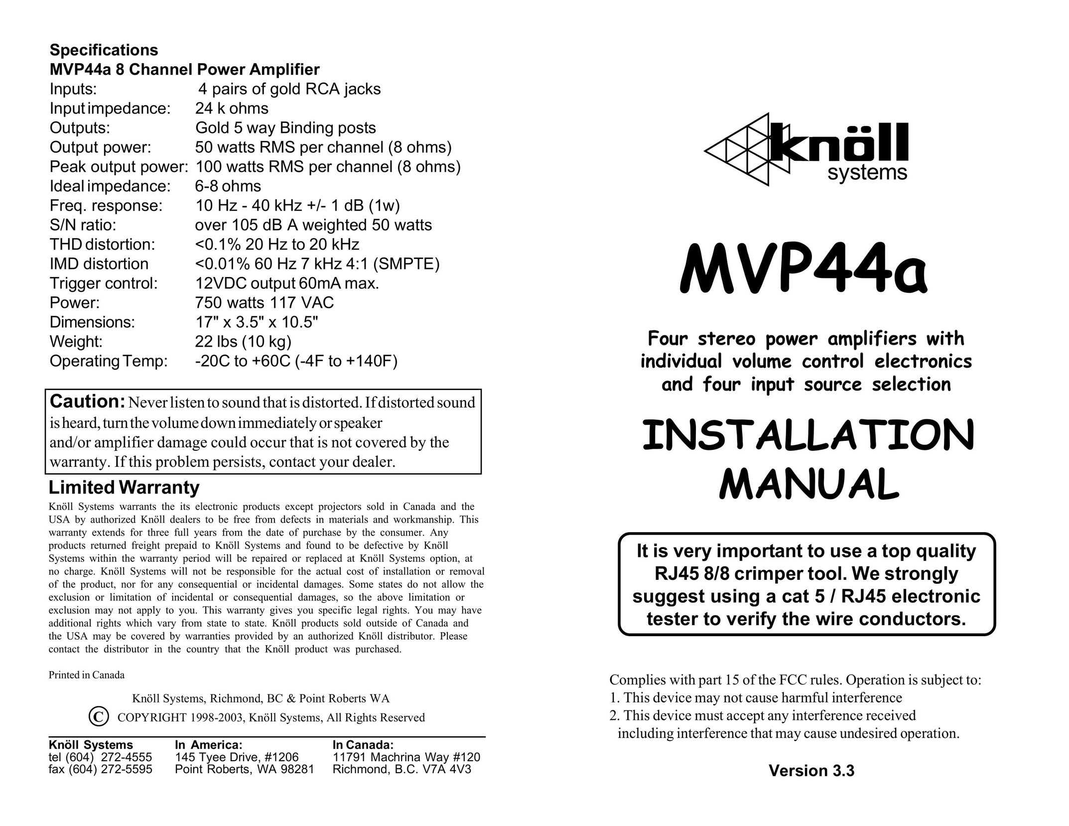 Knoll Systems MVP44a Car Amplifier User Manual