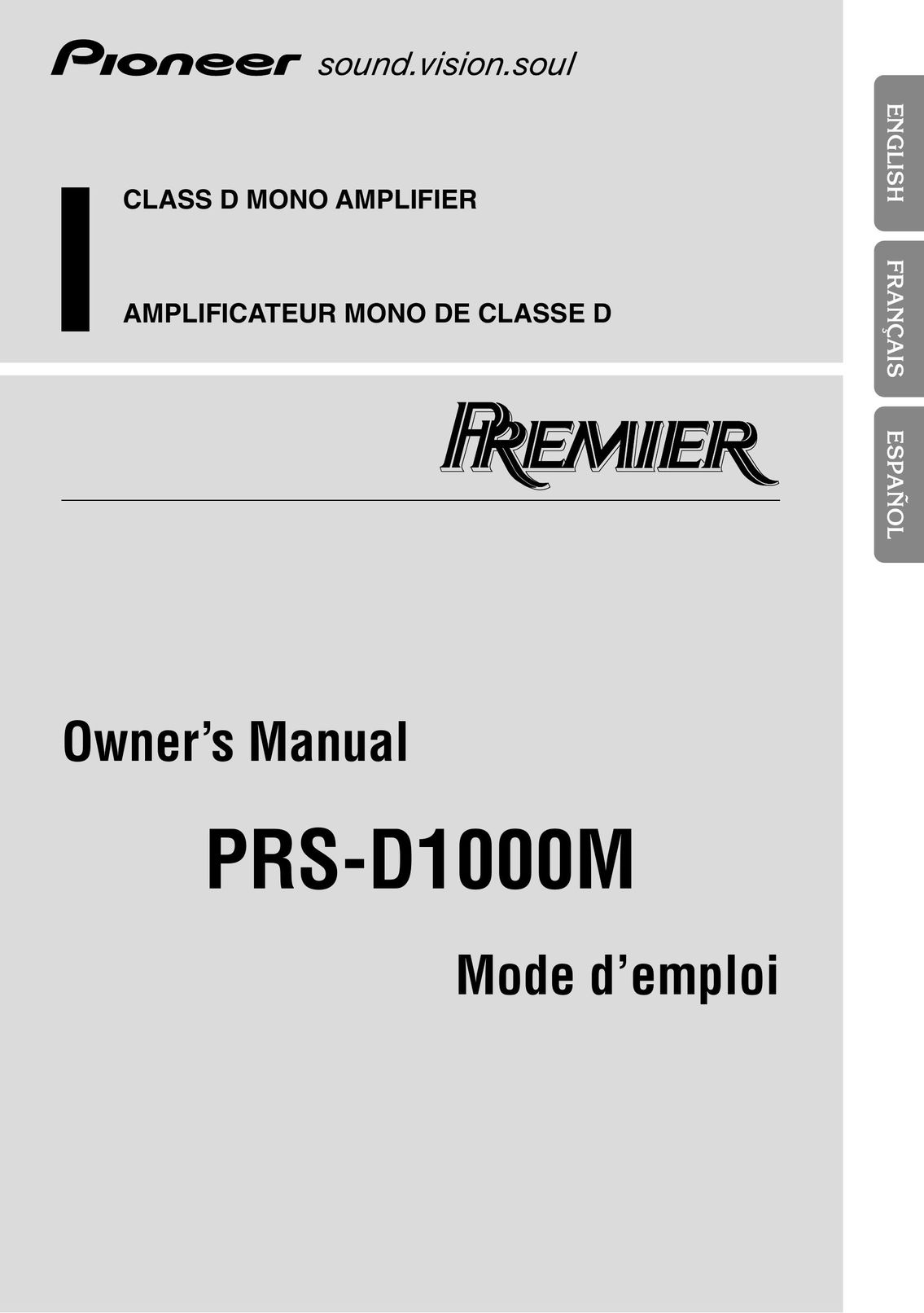 Pioneer PRS-D1000M Car Amplifier User Manual