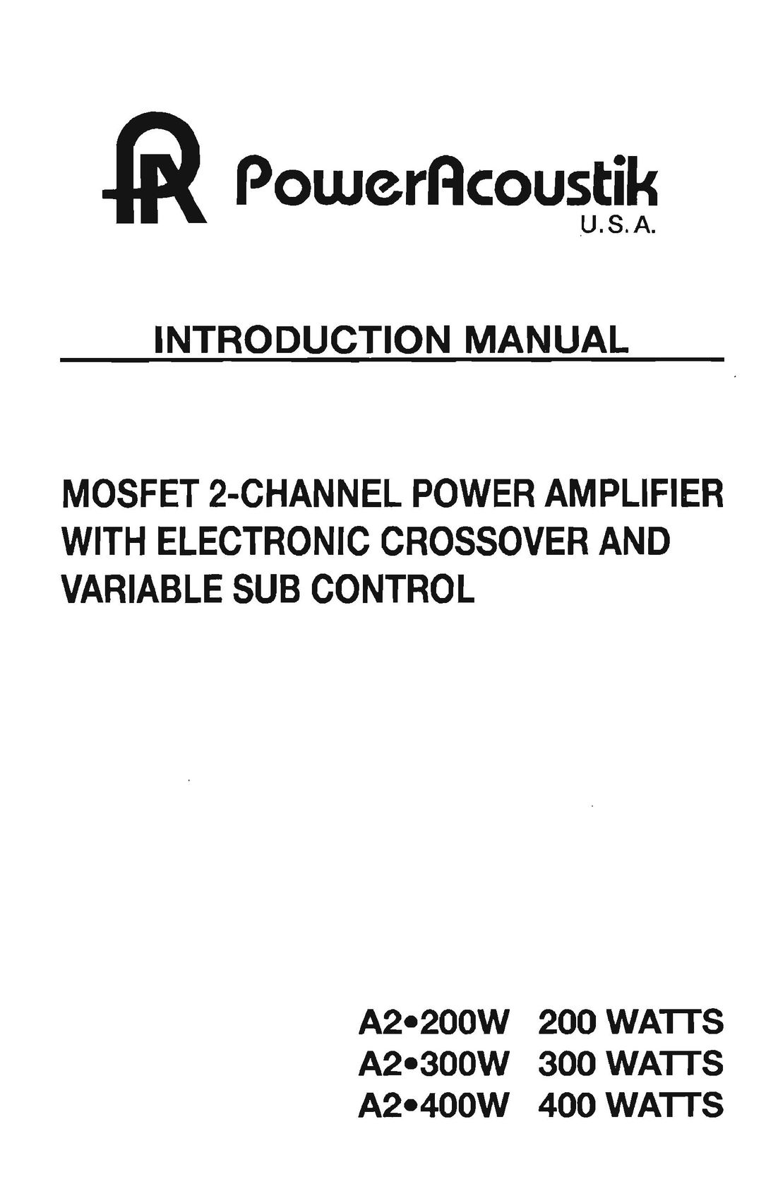 Power Acoustik A2-200W Car Amplifier User Manual