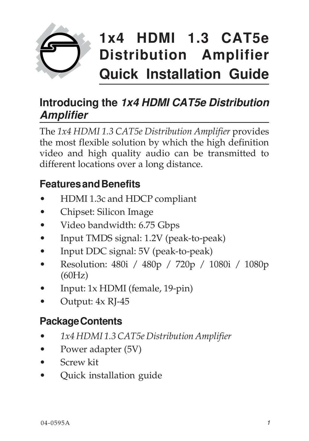 SIIG 1X4 HDMI 1.3 CAT5E Car Amplifier User Manual