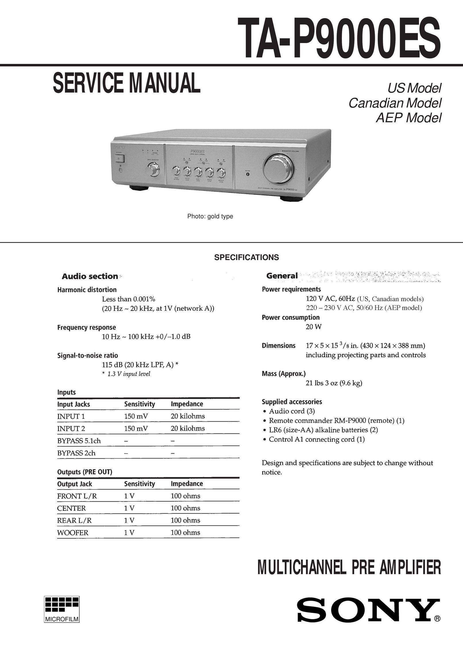 Sony TA-P9000ES Car Amplifier User Manual