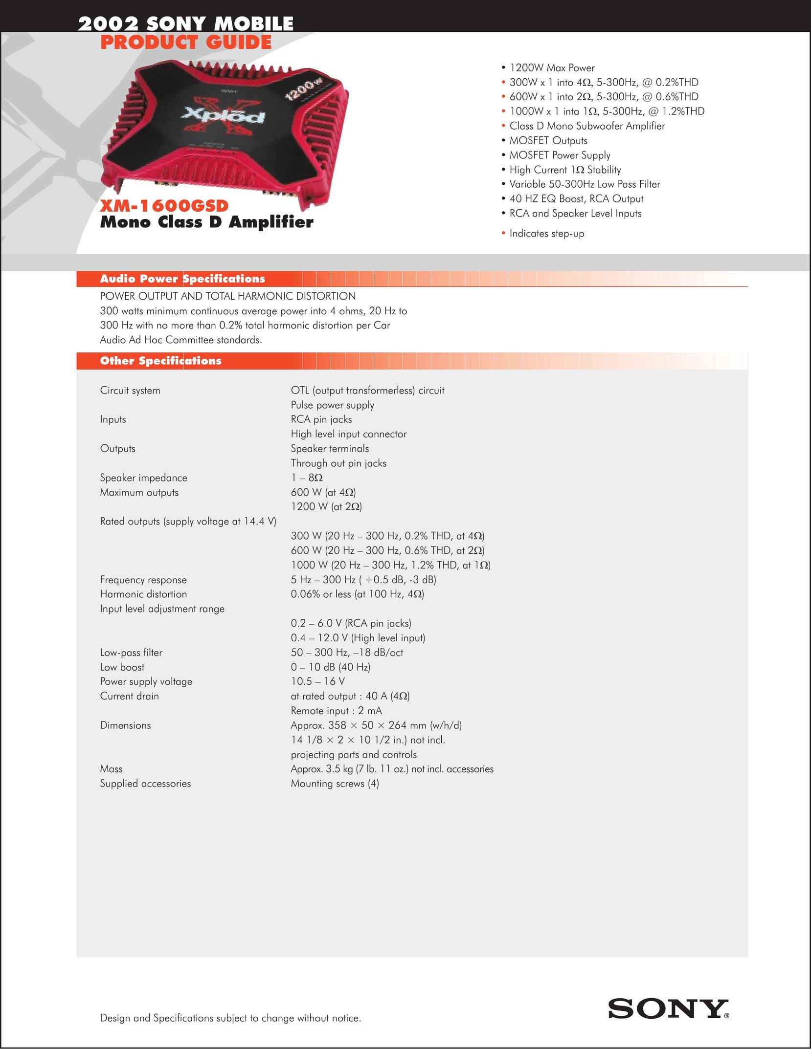 Sony XM-1600GSD Car Amplifier User Manual