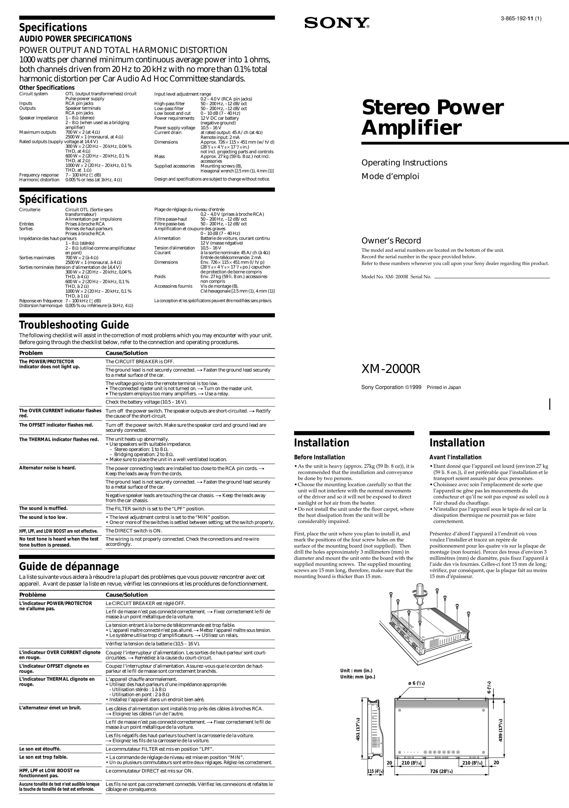 Sony XM-2000R Car Amplifier User Manual