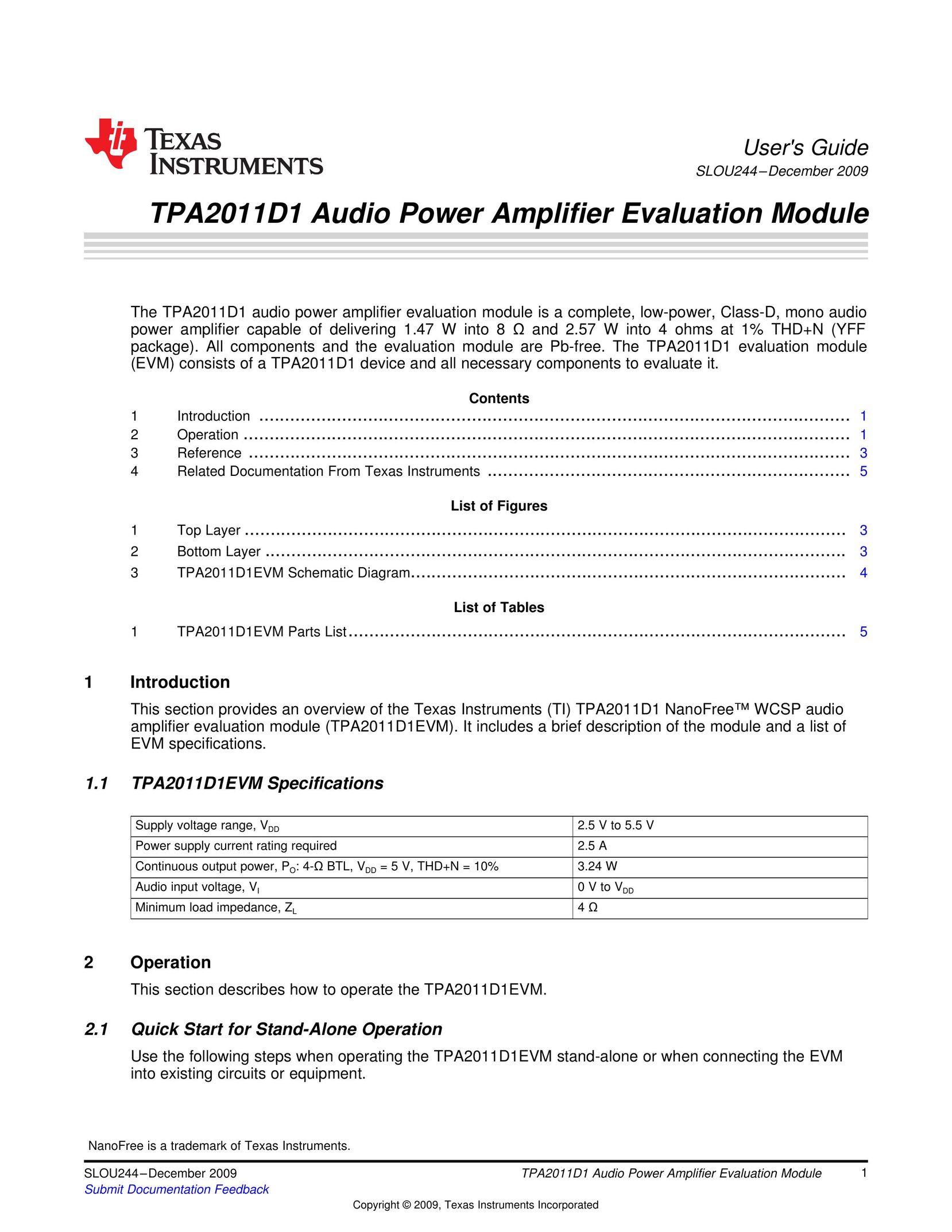 Texas Instruments TPA2011D1 Car Amplifier User Manual
