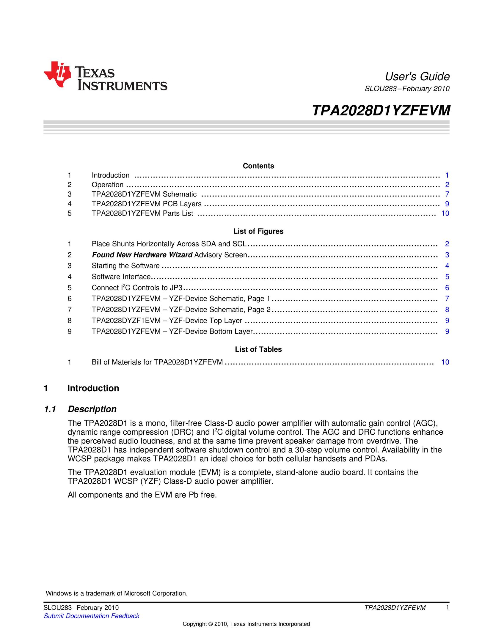 Texas Instruments TPA2028D1YZFEVM Car Amplifier User Manual