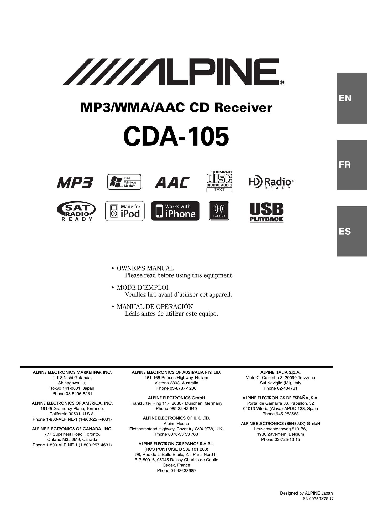 Alpine CDA-105 Car Satellite Radio System User Manual