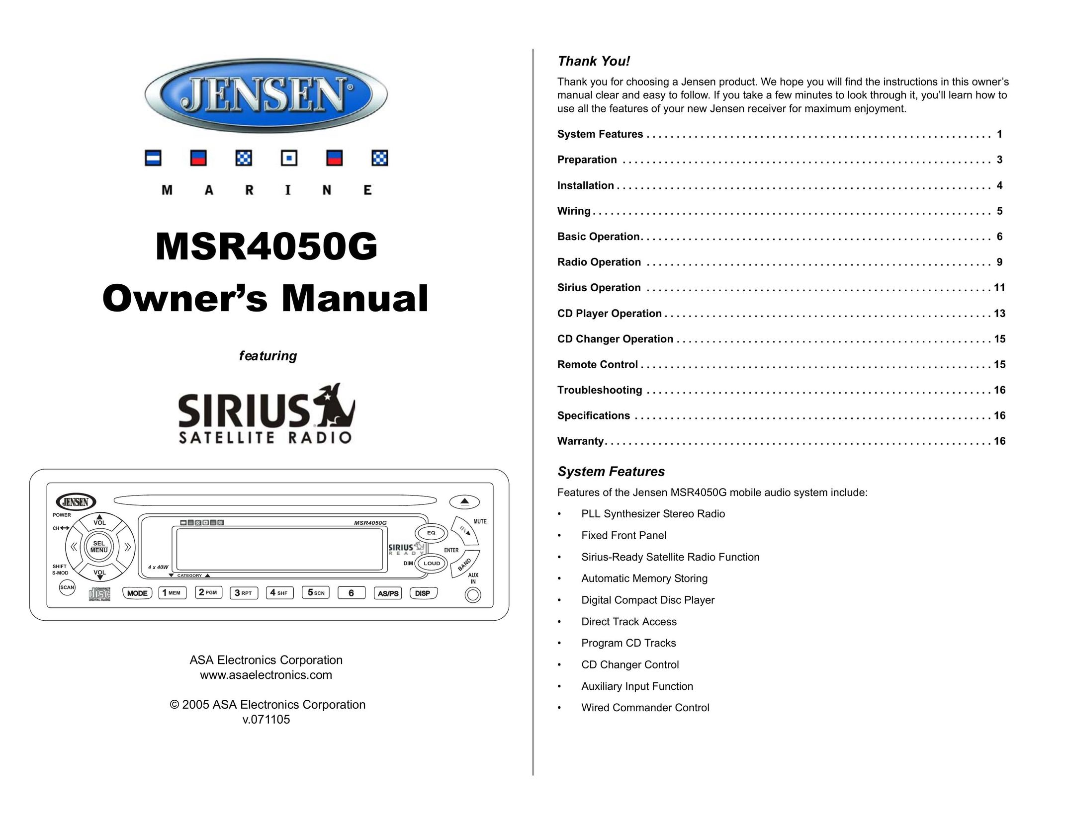 ASA Electronics MSR4050G Car Satellite Radio System User Manual