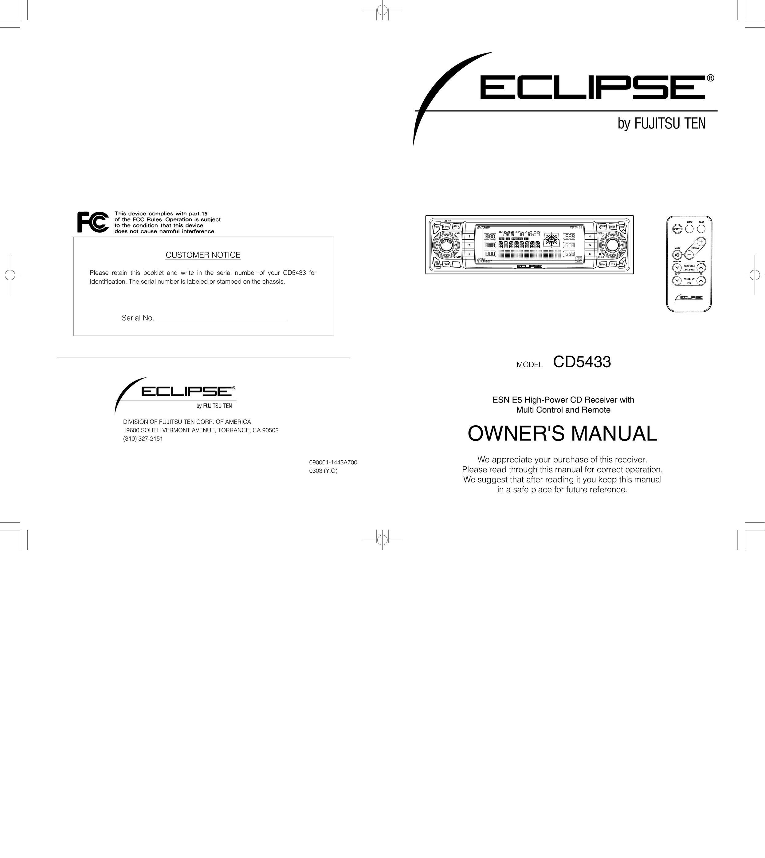 Eclipse - Fujitsu Ten CD5433 Car Satellite Radio System User Manual