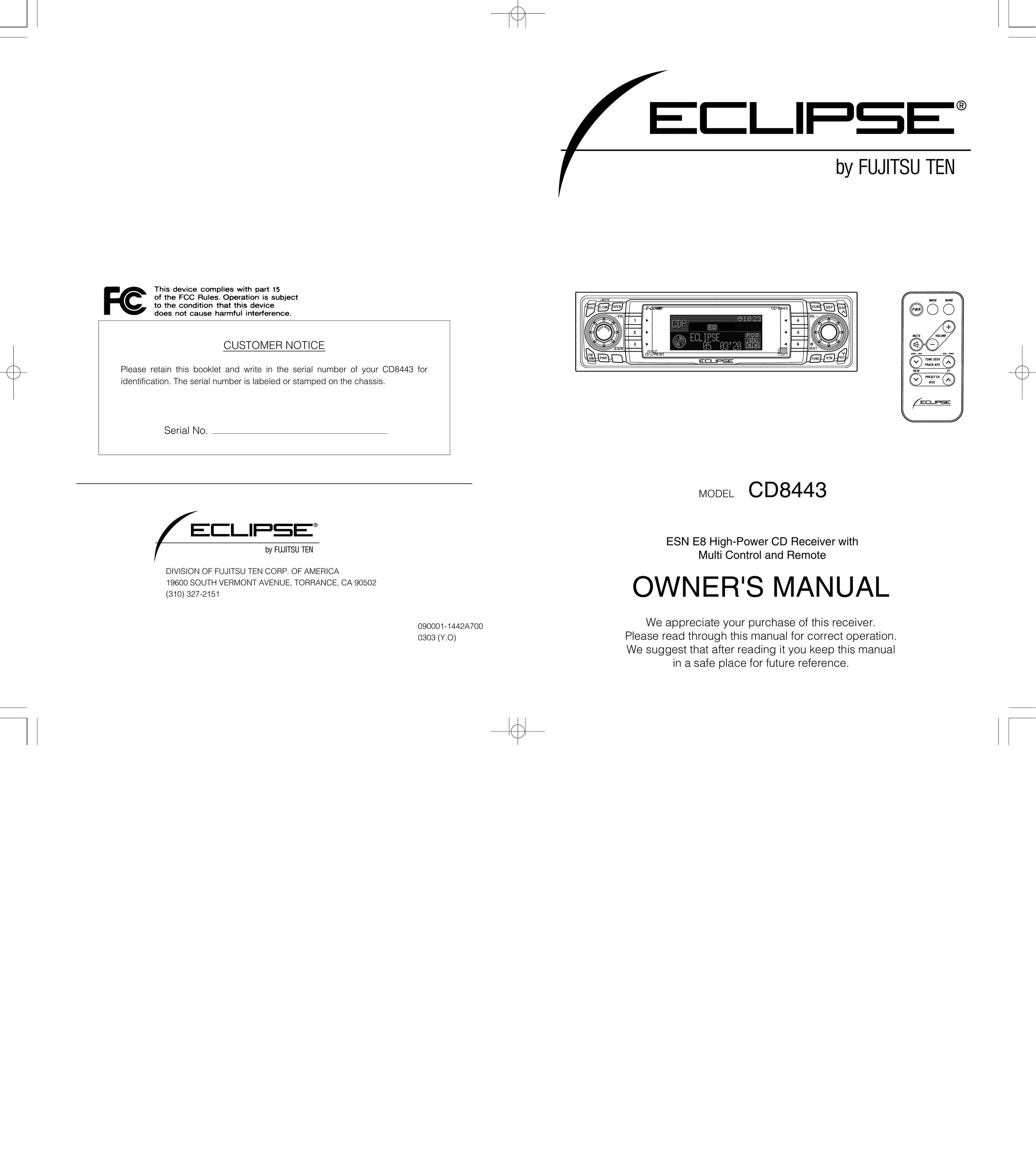 Eclipse - Fujitsu Ten CD8443 Car Satellite Radio System User Manual