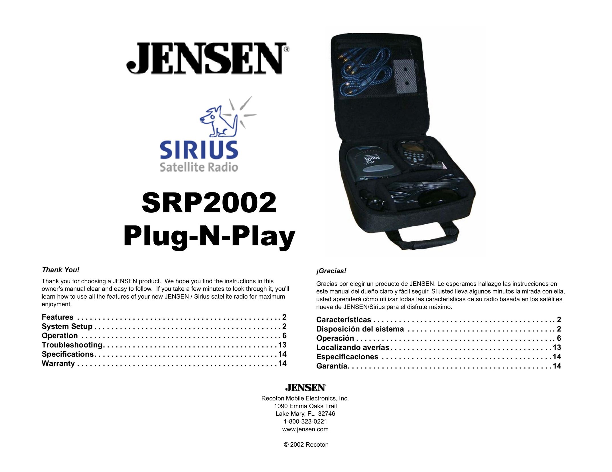Jensen SRP2002 Car Satellite Radio System User Manual